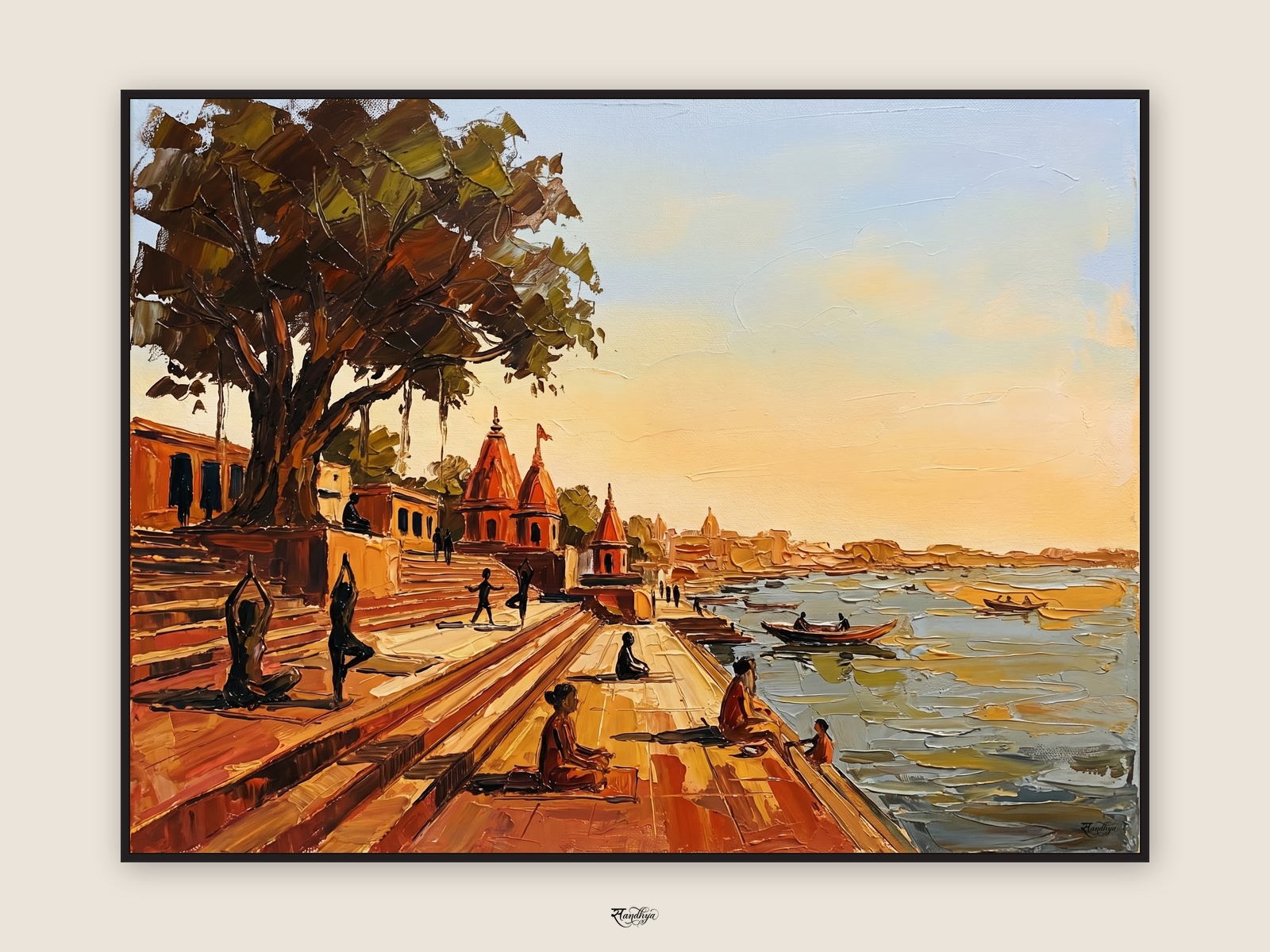 Varanasi Assi Morning Yoga, Varanasi, Uttar Pradesh &mdash; palette-knife oil on linen by Sandhya Kaushik.