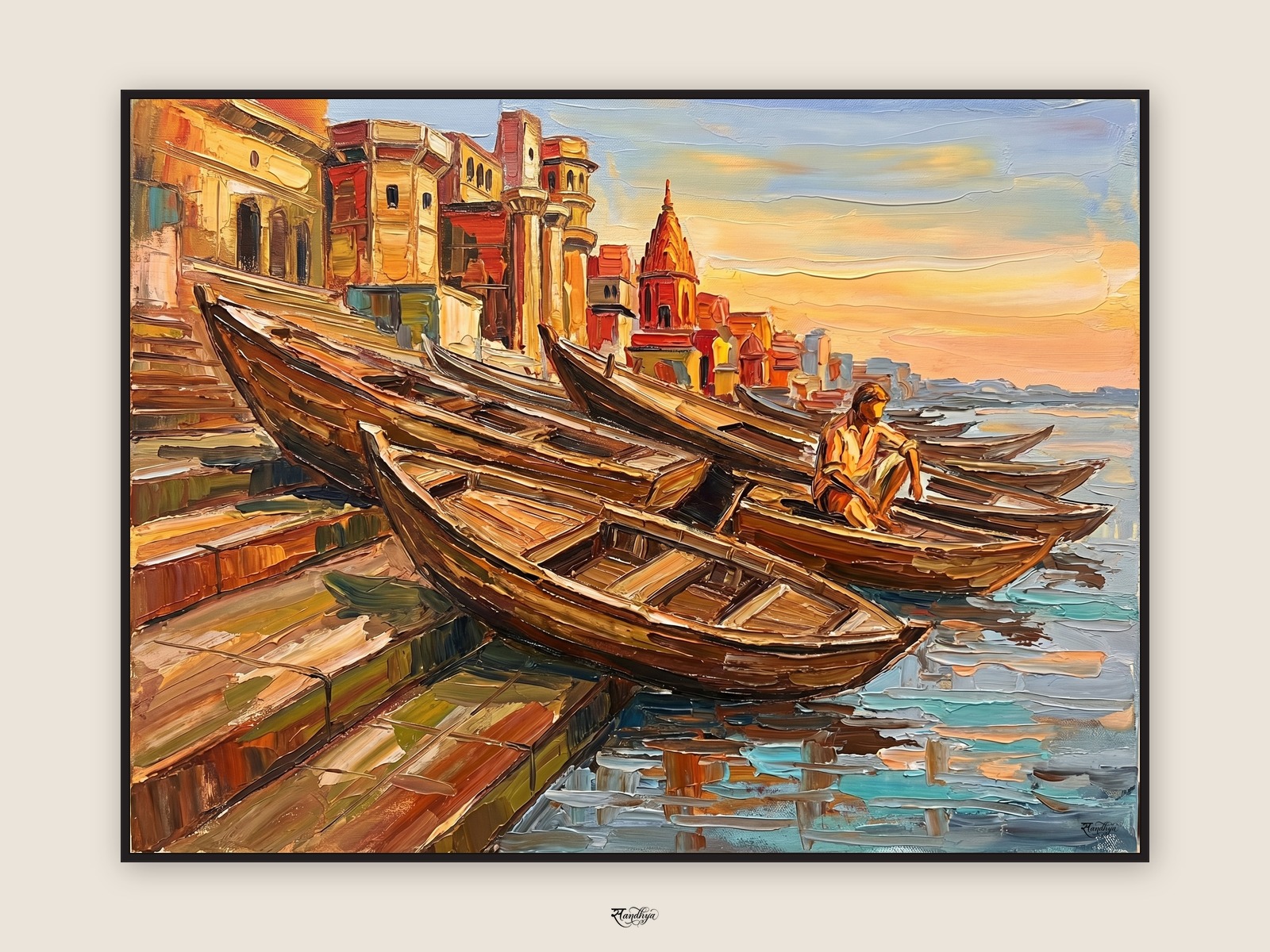 Varanasi Boats Clustered, Varanasi, Uttar Pradesh &mdash; palette-knife oil on linen by Sandhya Kaushik.