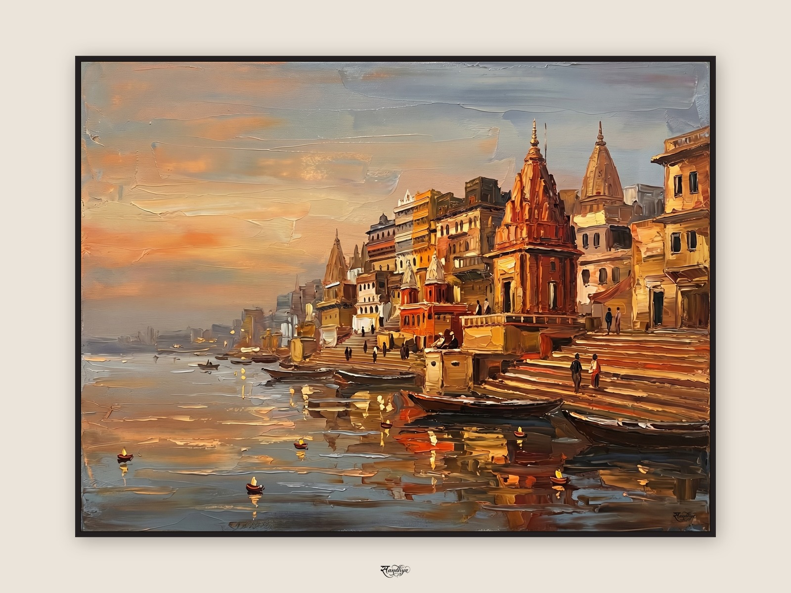 Evening diyas at the Varanasi ghats — palette-knife oil on linen by Sandhya Kaushik.
