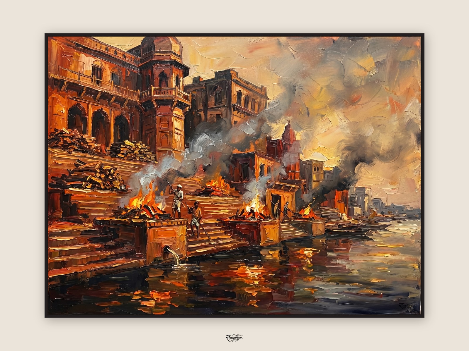 Manikarnika at first light, Varanasi — palette-knife oil on linen by Sandhya Kaushik.