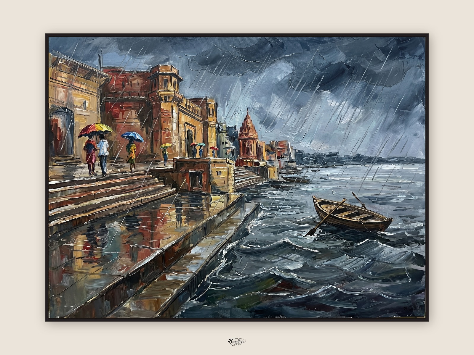 Varanasi Monsoon Rain, Varanasi, Uttar Pradesh &mdash; palette-knife oil on linen by Sandhya Kaushik.