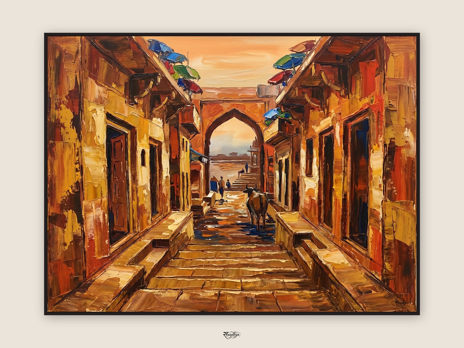 Varanasi Narrow Lane, Varanasi, Uttar Pradesh &mdash; palette-knife oil on linen by Sandhya Kaushik.