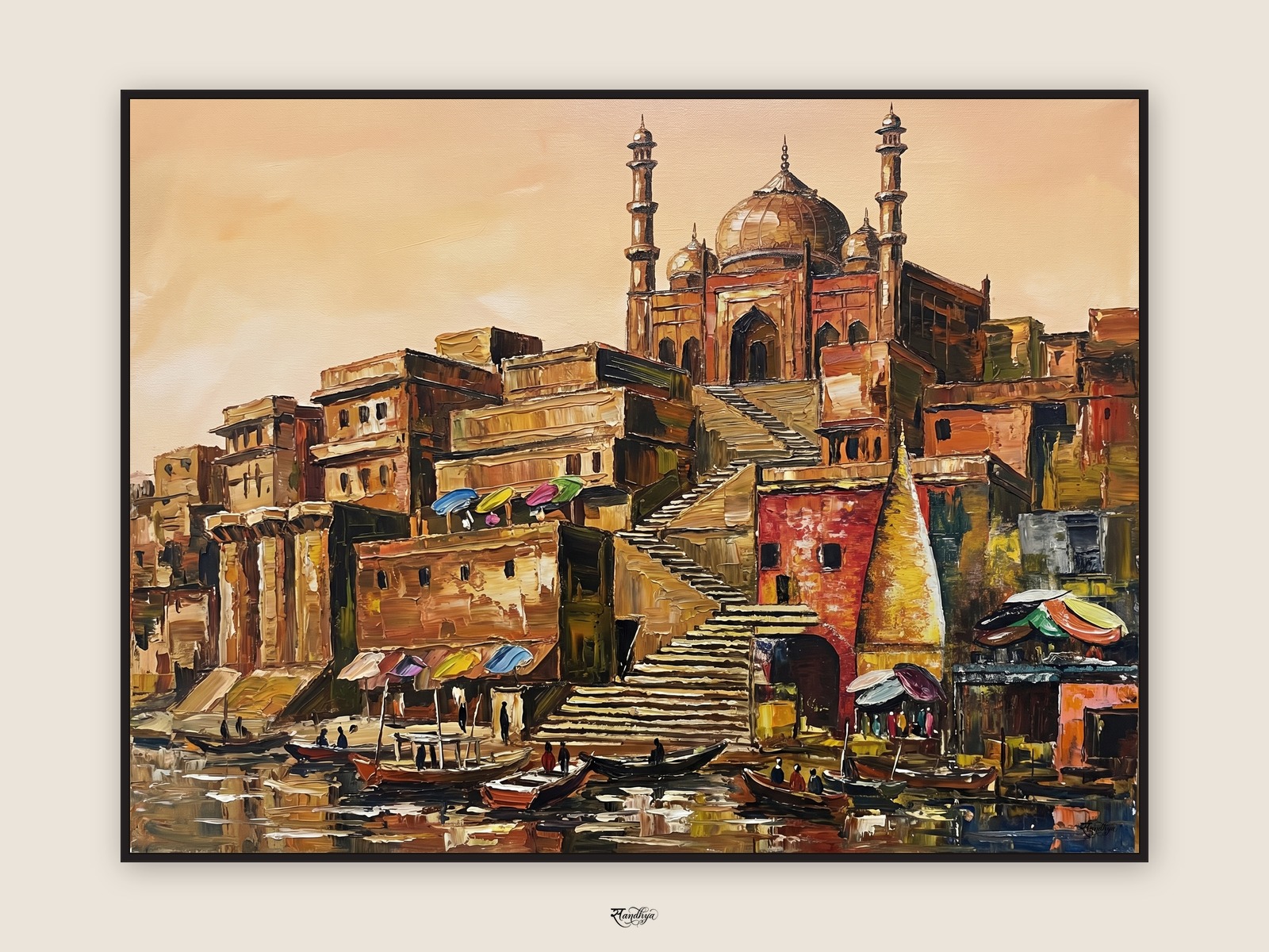 Varanasi Panchganga Tall, Varanasi, Uttar Pradesh &mdash; palette-knife oil on linen by Sandhya Kaushik.