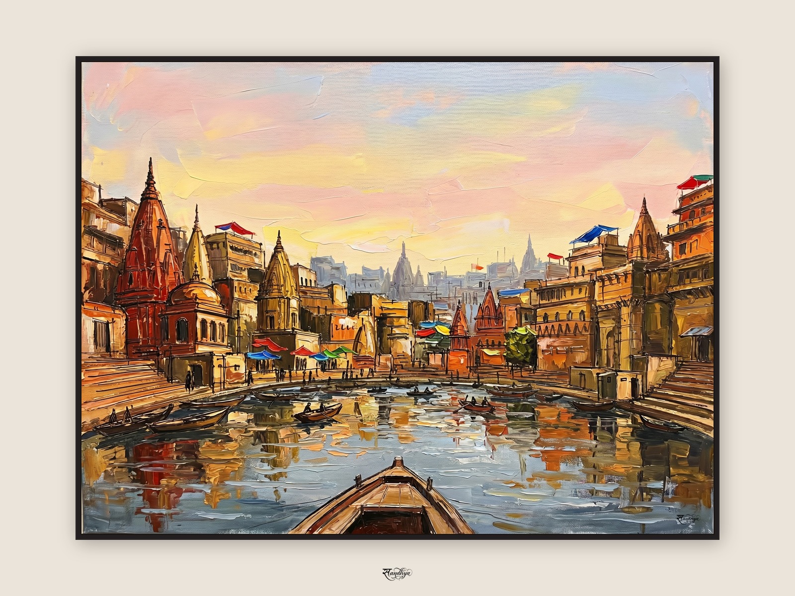 Varanasi Panoramic River, Varanasi, Uttar Pradesh &mdash; palette-knife oil on linen by Sandhya Kaushik.