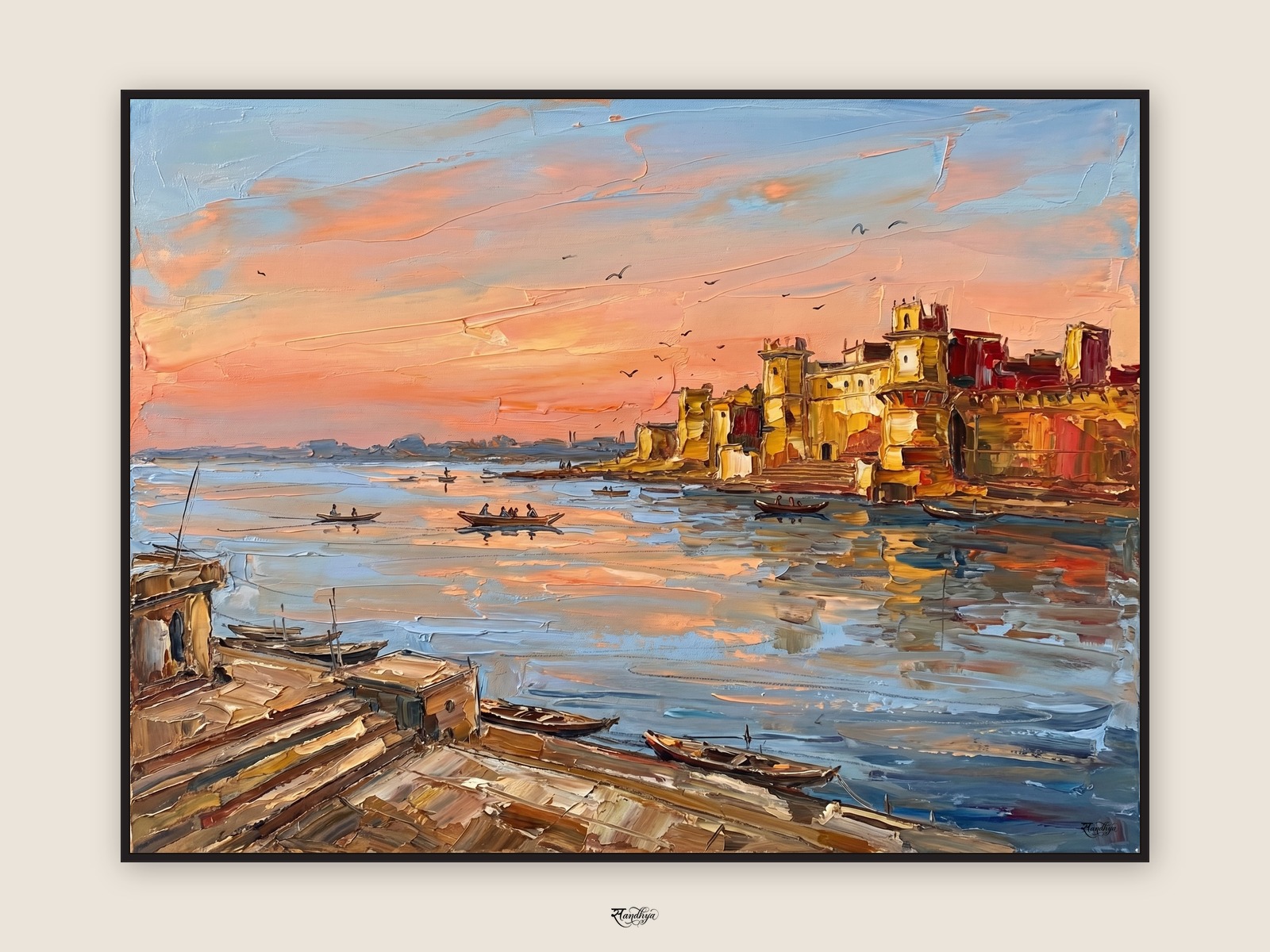 Varanasi Ramnagar Fort Ghat, Varanasi, Uttar Pradesh &mdash; palette-knife oil on linen by Sandhya Kaushik.