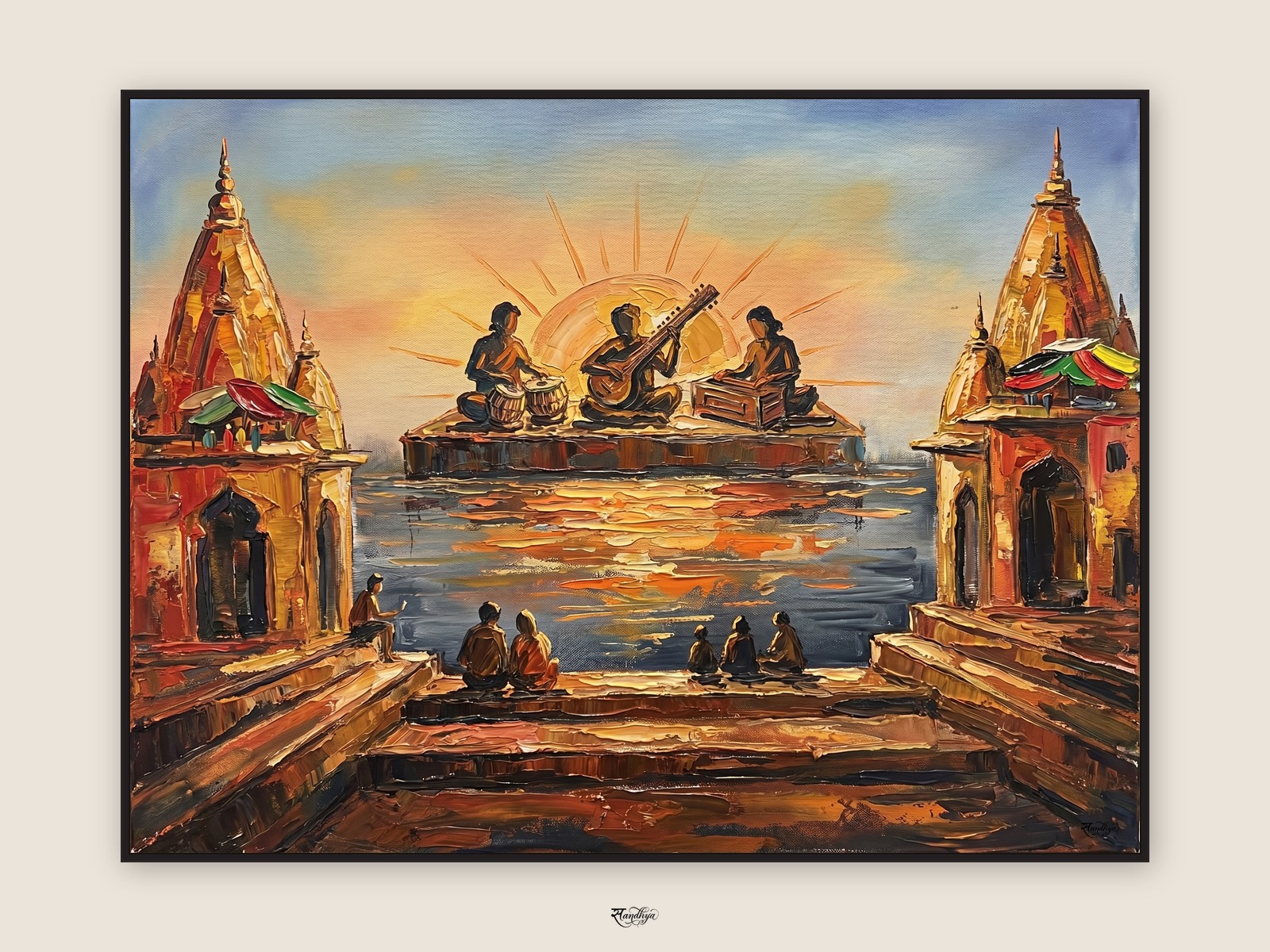 Varanasi Subah E Banaras, Varanasi, Uttar Pradesh &mdash; palette-knife oil on linen by Sandhya Kaushik.