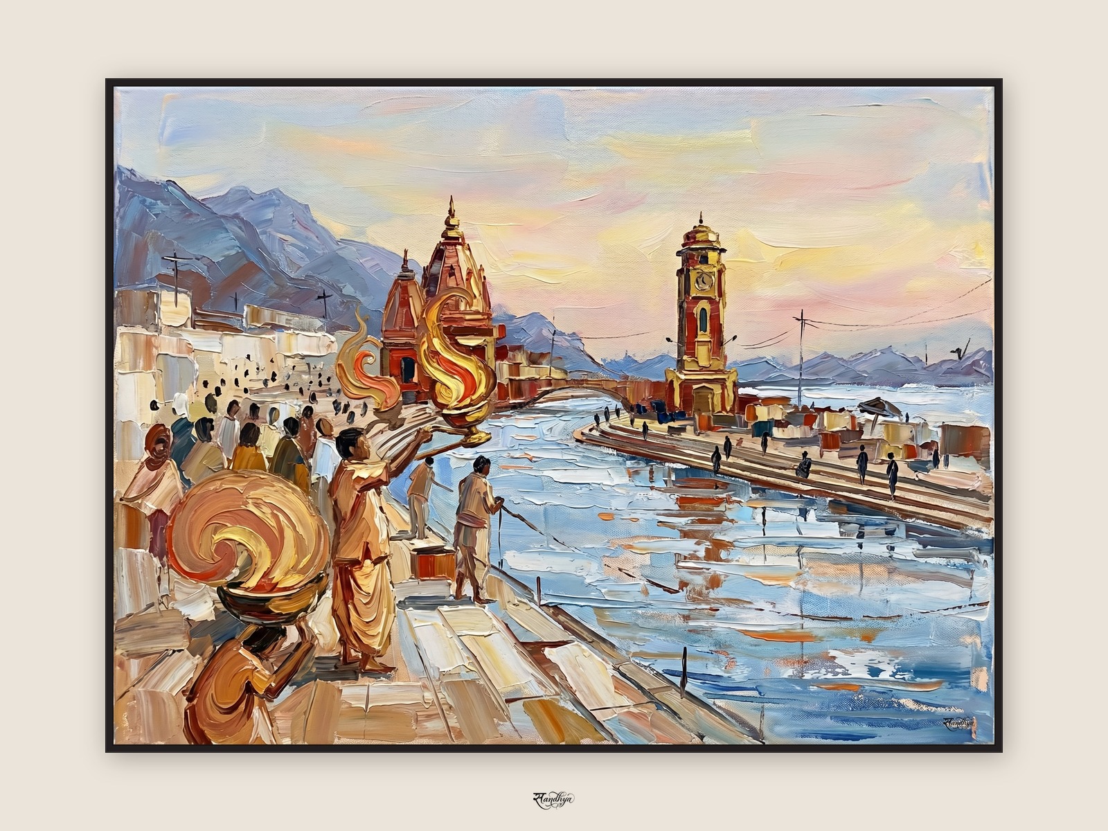 Haridwar Har Ki Pauri, Haridwar, Uttarakhand &mdash; palette-knife oil on linen by Sandhya Kaushik.
