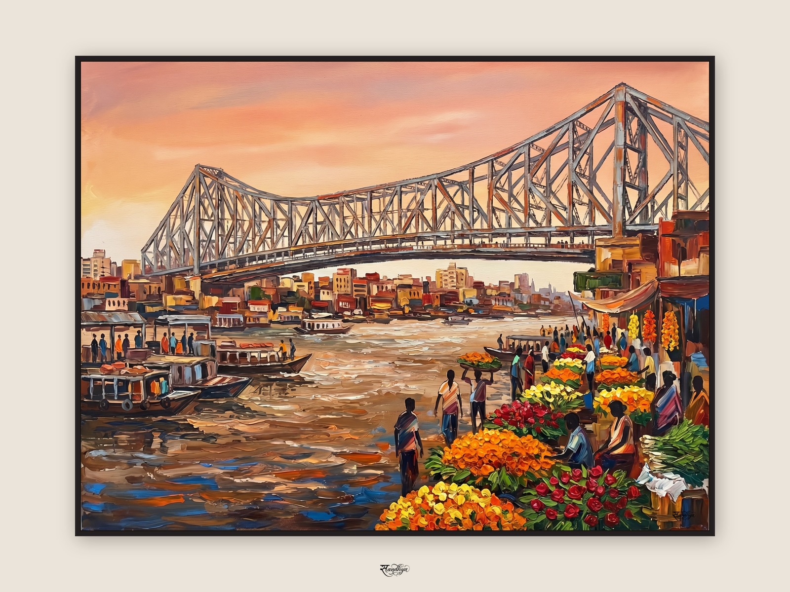Kolkata Howrah Ghat, Kolkata, West Bengal &mdash; palette-knife oil on linen by Sandhya Kaushik.