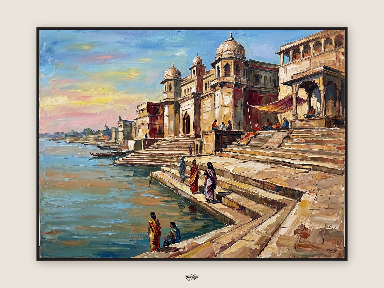 Maheshwar Narmada Ghats, Maheshwar, Madhya Pradesh &mdash; palette-knife oil on linen by Sandhya Kaushik.