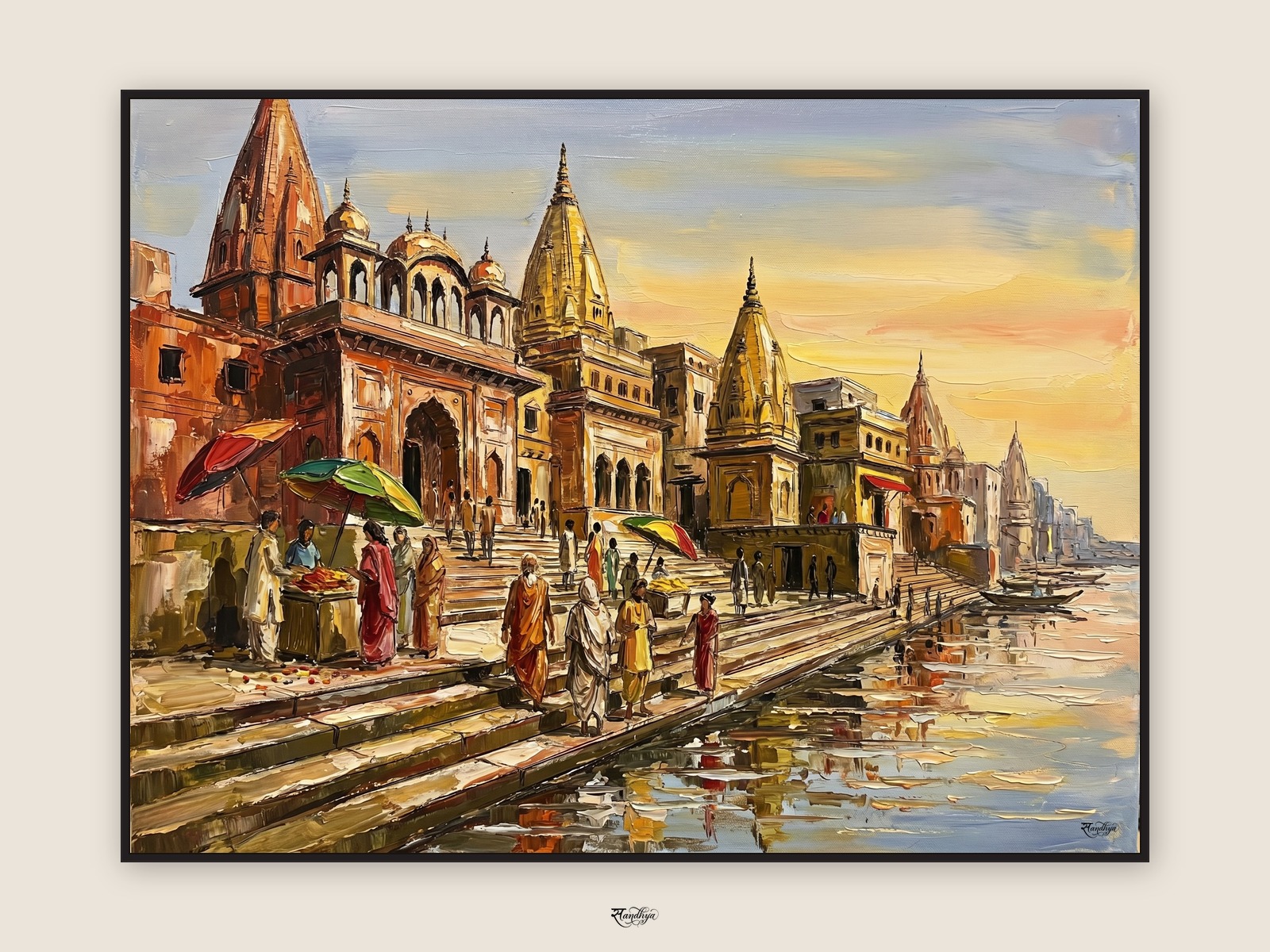 Mathura Vishram Ghat, Mathura, Uttar Pradesh &mdash; palette-knife oil on linen by Sandhya Kaushik.
