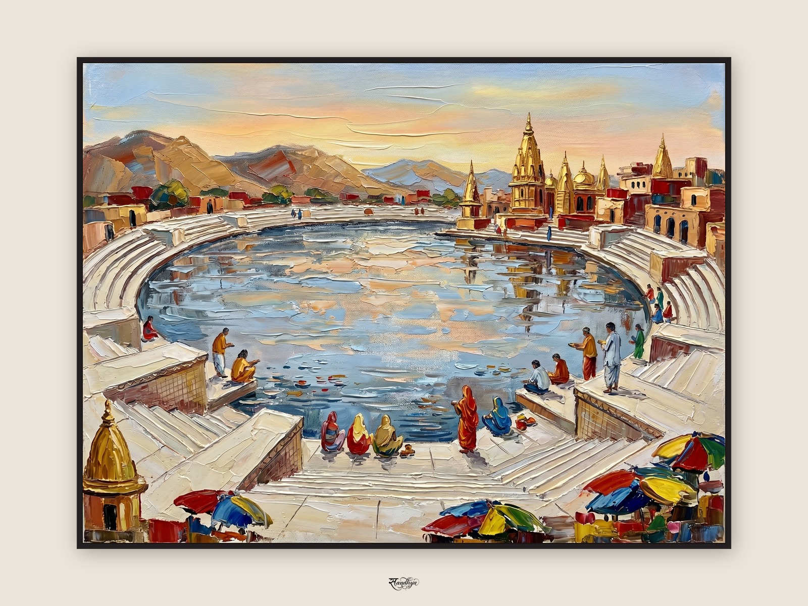 Pushkar White Ghats, Pushkar, Rajasthan &mdash; palette-knife oil on linen by Sandhya Kaushik.