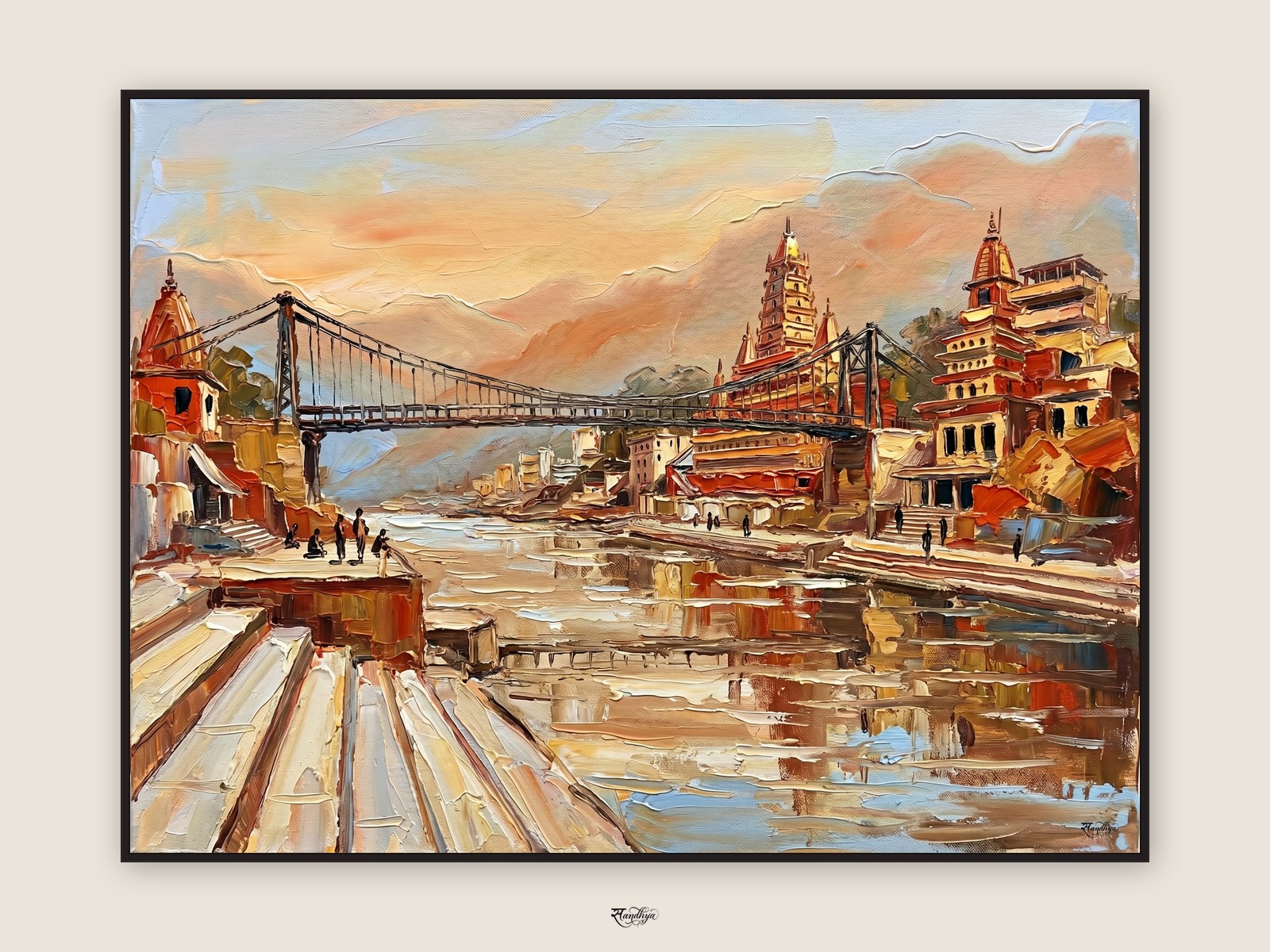 Rishikesh Ram Jhula, Rishikesh, Uttarakhand &mdash; palette-knife oil on linen by Sandhya Kaushik.