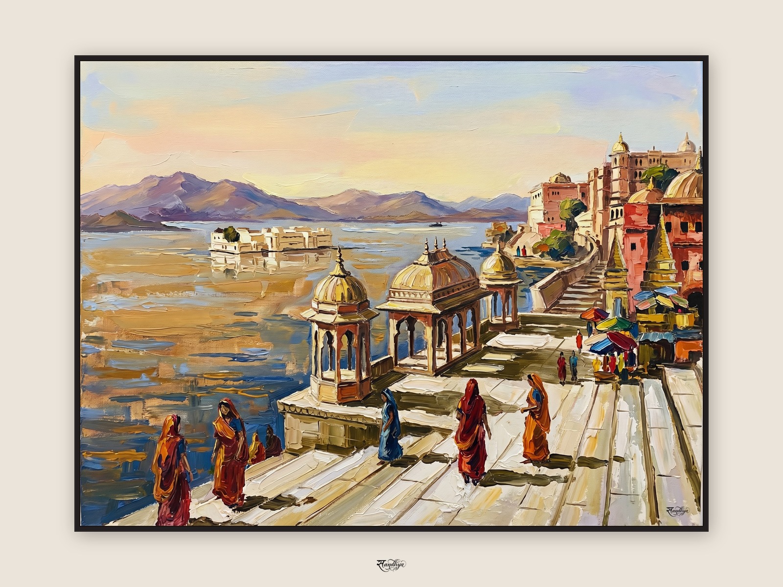Udaipur Gangaur Ghat, Udaipur, Rajasthan &mdash; palette-knife oil on linen by Sandhya Kaushik.
