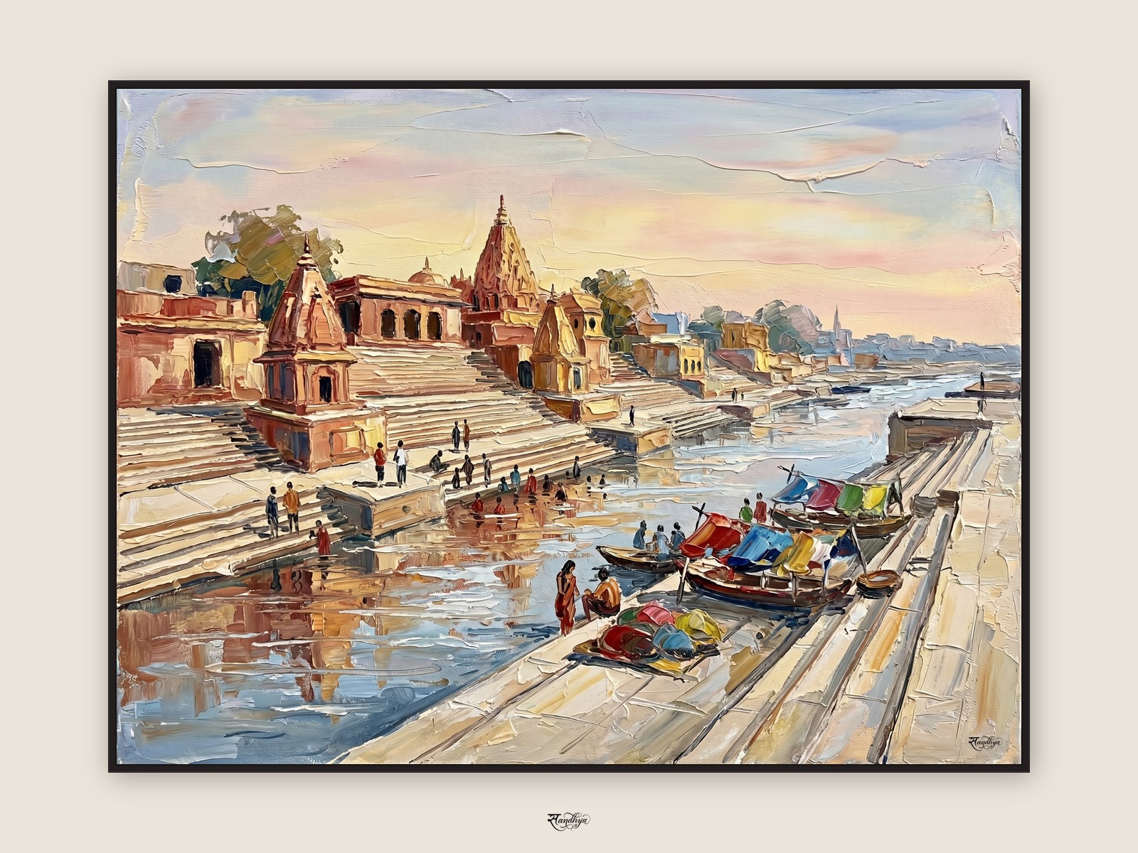 Ujjain Shipra Ghats, Ujjain, Madhya Pradesh &mdash; palette-knife oil on linen by Sandhya Kaushik.