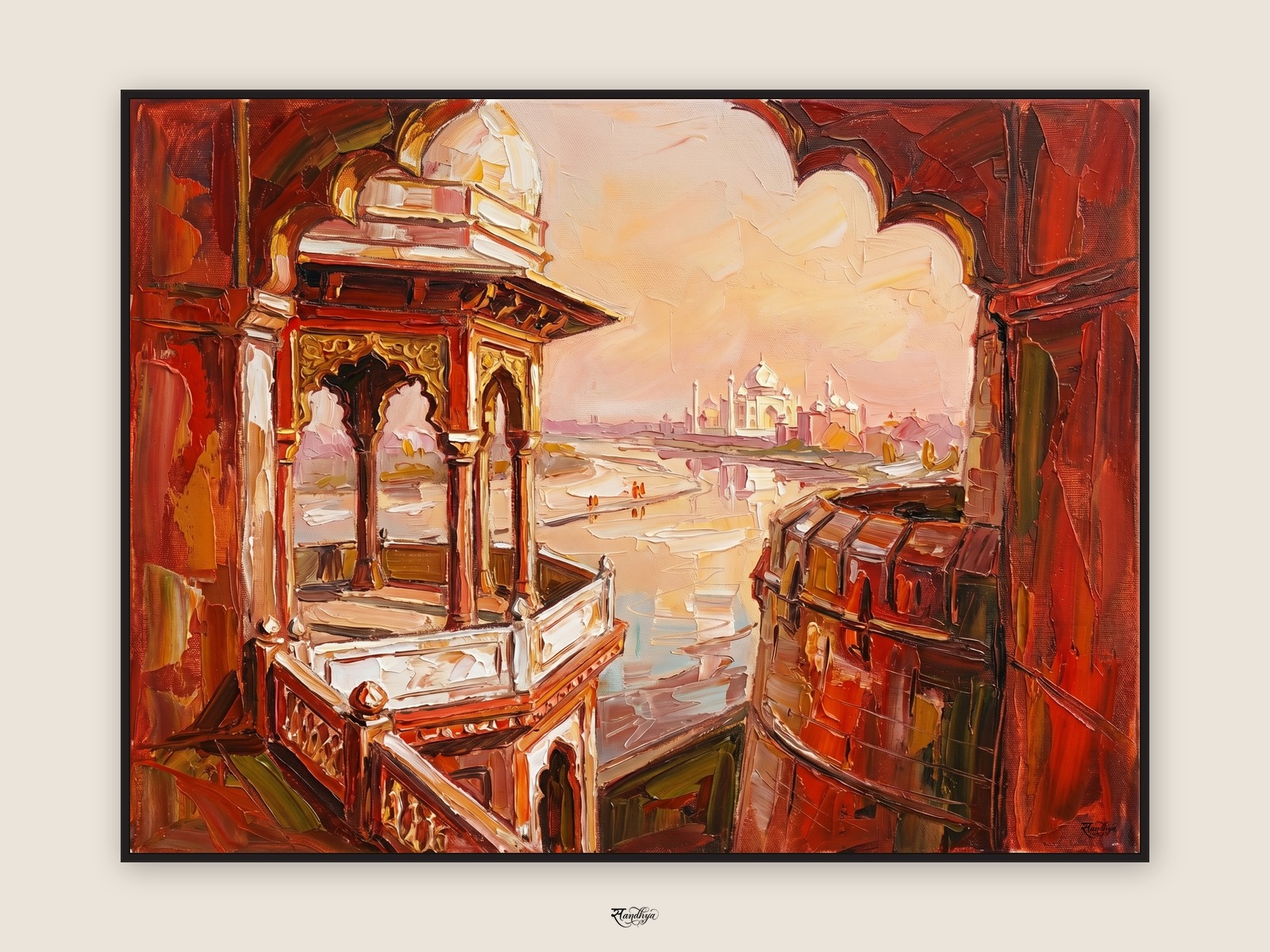 Agra Fort Taj View, Agra, Uttar Pradesh &mdash; palette-knife oil on linen by Sandhya Kaushik.