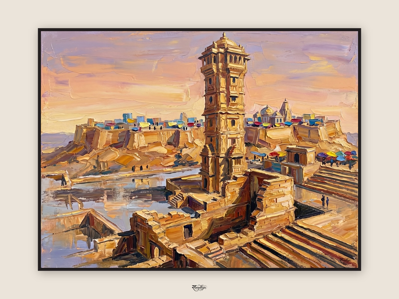 Chittorgarh Vijay Stambh, Chittorgarh, Rajasthan &mdash; palette-knife oil on linen by Sandhya Kaushik.