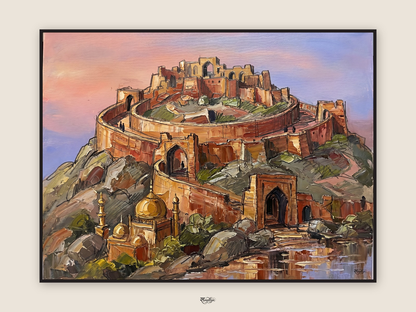 Golconda Fort Hyderabad, Hyderabad, Telangana &mdash; palette-knife oil on linen by Sandhya Kaushik.