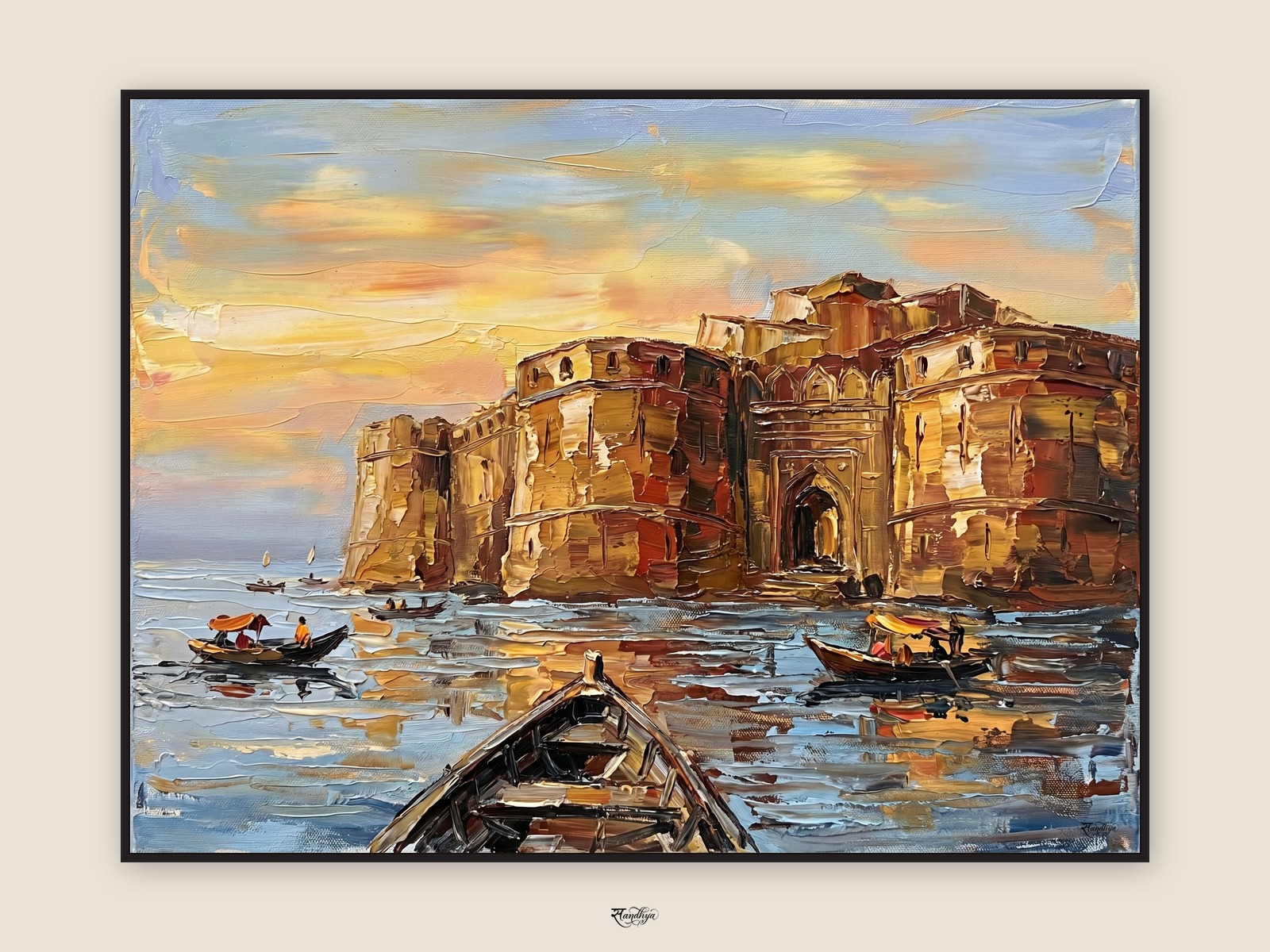 Janjira Fort Sea, Murud, Maharashtra &mdash; palette-knife oil on linen by Sandhya Kaushik.