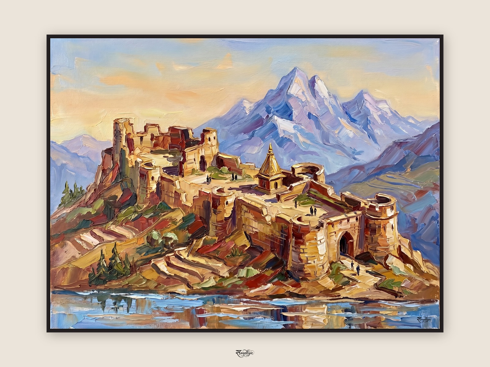 Kangra Fort Himachal, Kangra, Himachal Pradesh &mdash; palette-knife oil on linen by Sandhya Kaushik.