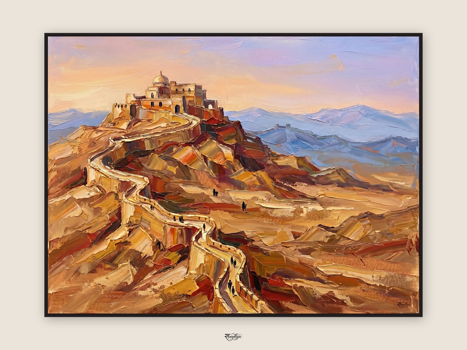 Kumbhalgarh Wall, Rajsamand, Rajasthan &mdash; palette-knife oil on linen by Sandhya Kaushik.