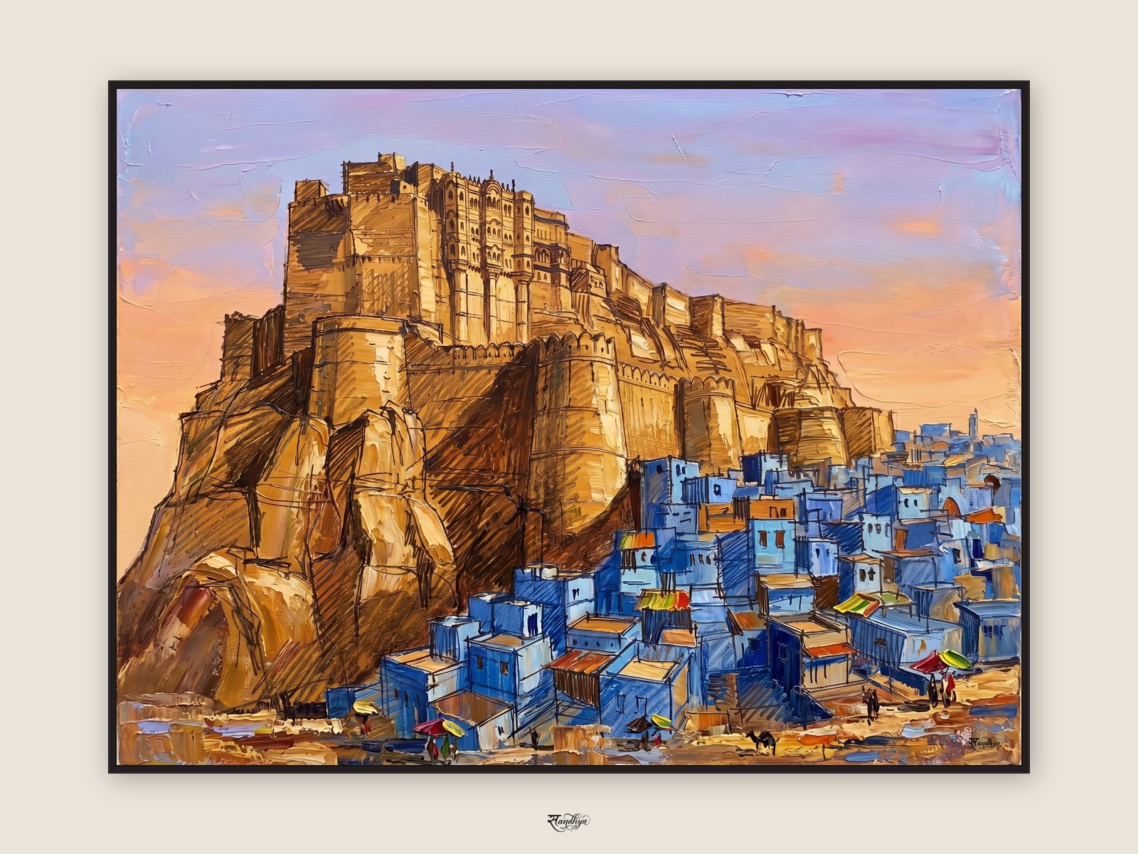 Mehrangarh above the blue town — palette-knife oil on linen by Sandhya Kaushik.