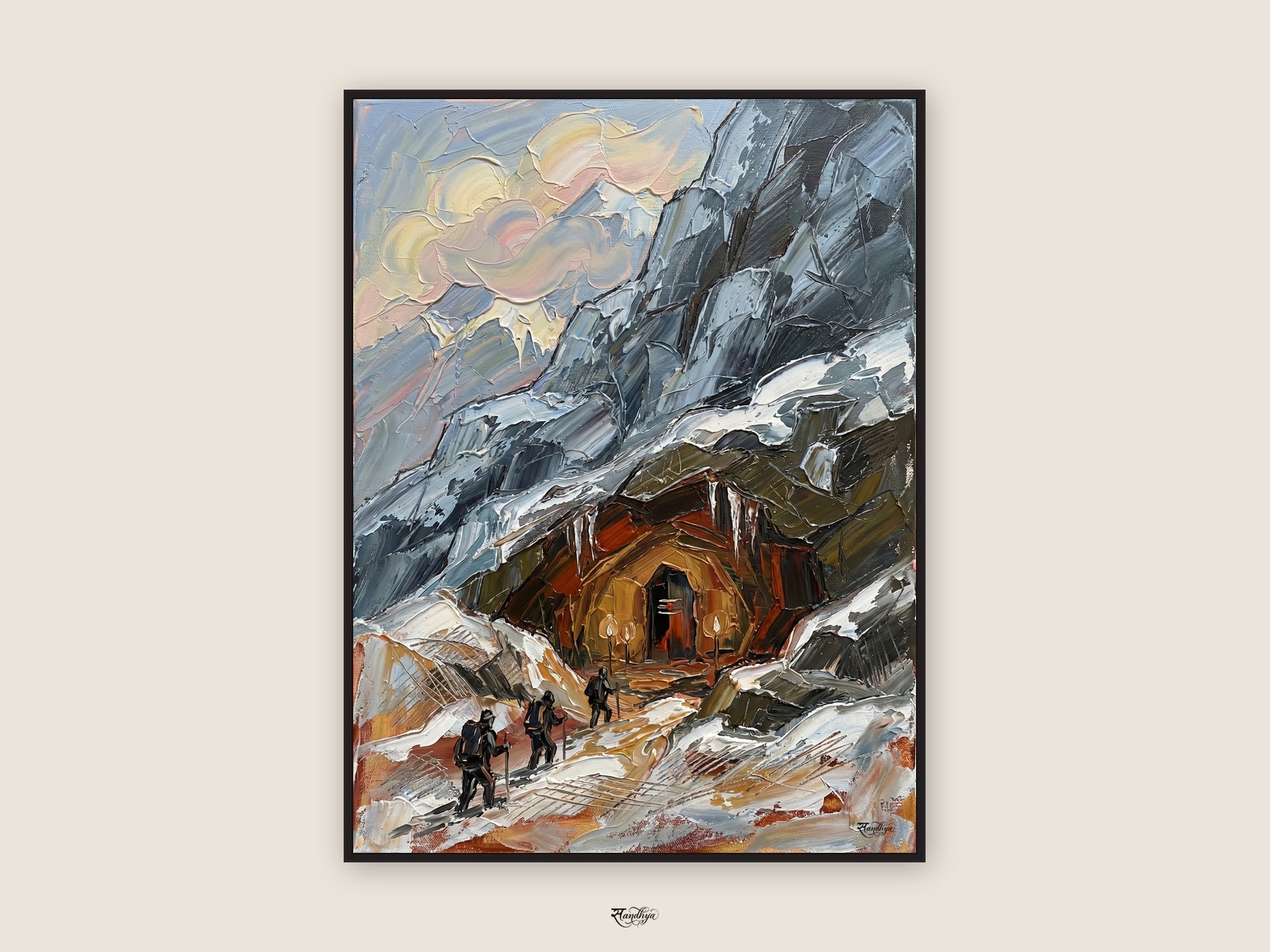 Amarnath Cave, Amarnath, Jammu & Kashmir &mdash; palette-knife oil on linen by Sandhya Kaushik.