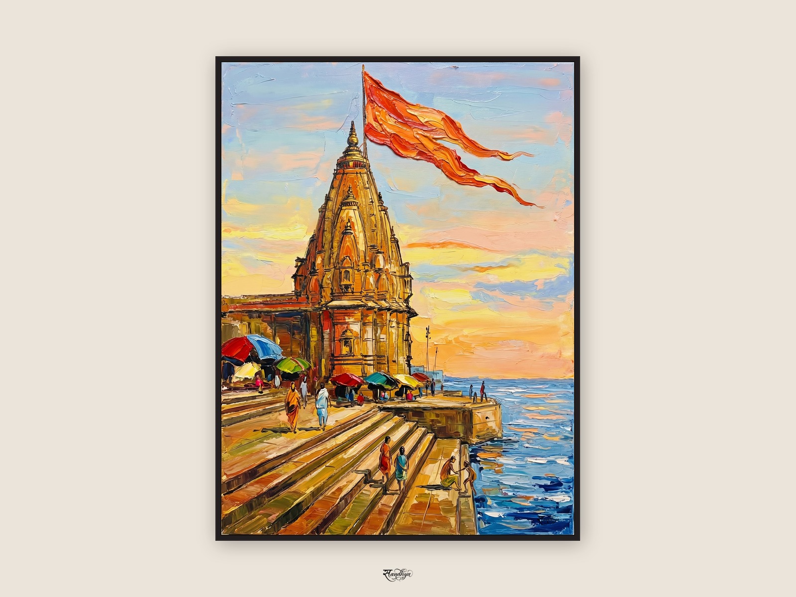 Dwarka Temple, Dwarka, Gujarat &mdash; palette-knife oil on linen by Sandhya Kaushik.