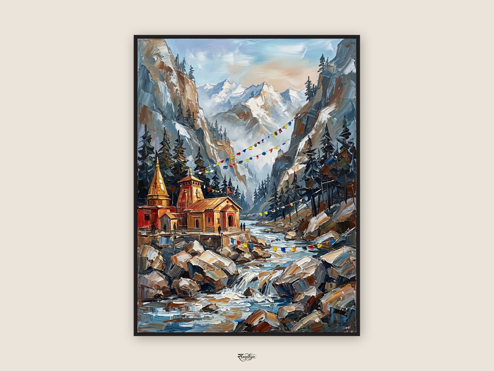 Gangotri Temple, Uttarkashi, Uttarakhand &mdash; palette-knife oil on linen by Sandhya Kaushik.