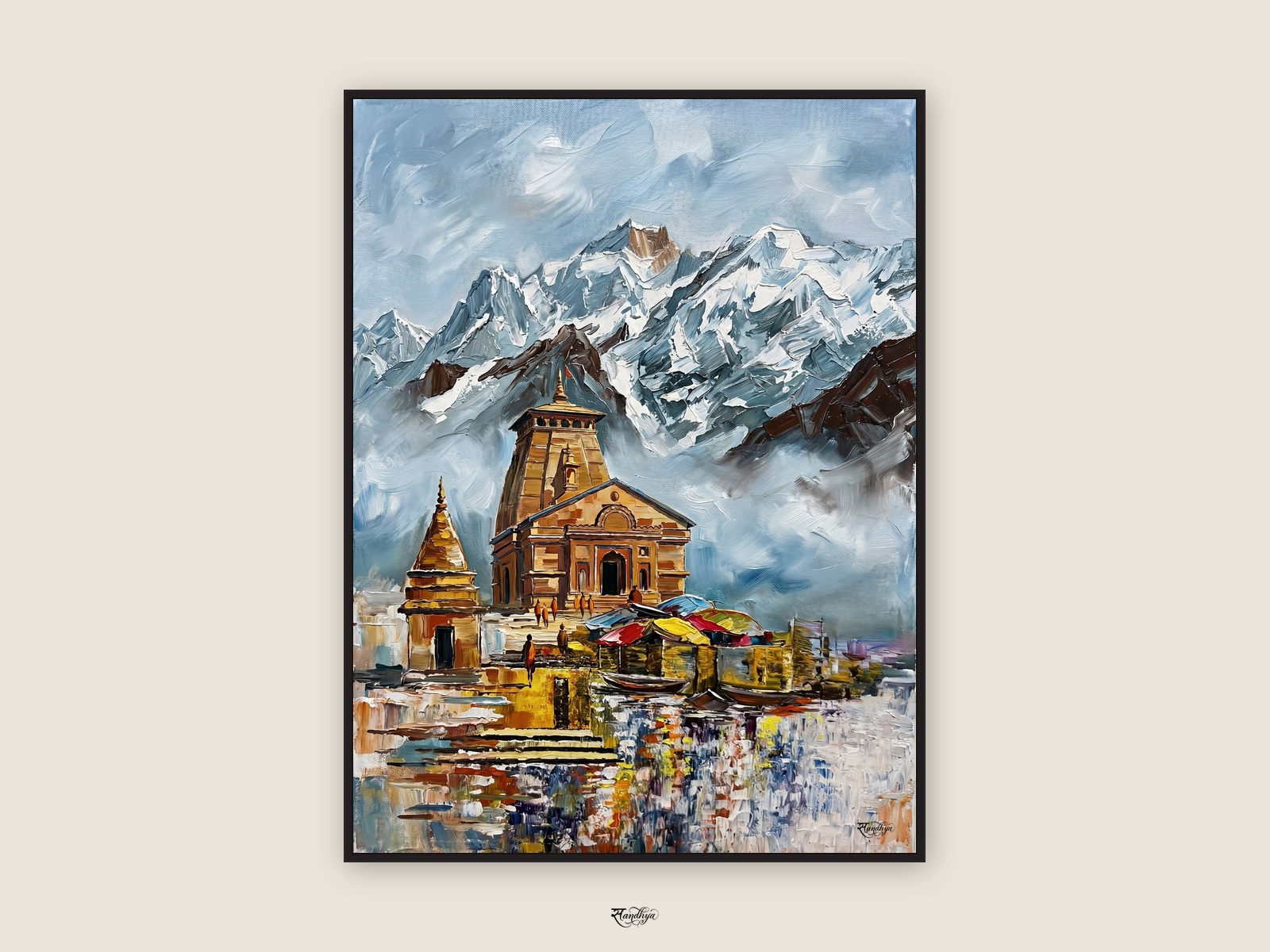 Kedarnath Temple, Rudraprayag, Uttarakhand &mdash; palette-knife oil on linen by Sandhya Kaushik.