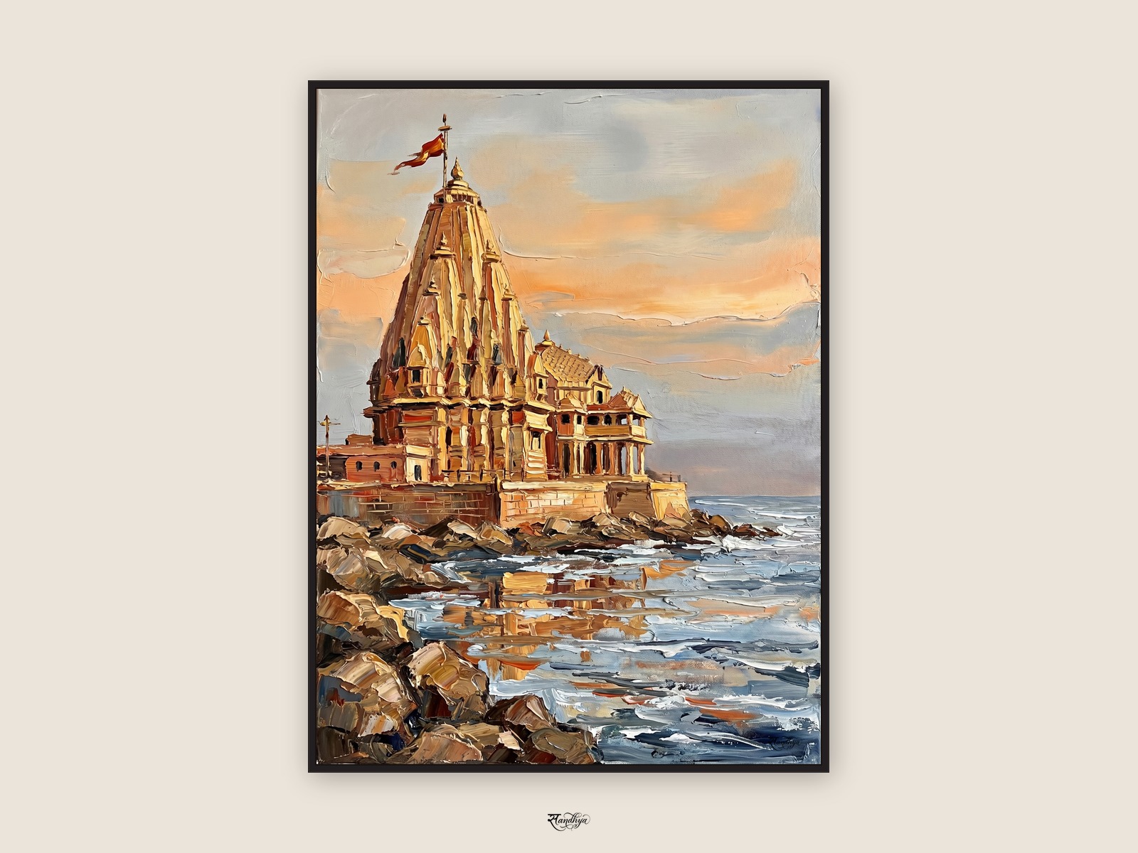Somnath Temple, Veraval, Gujarat &mdash; palette-knife oil on linen by Sandhya Kaushik.