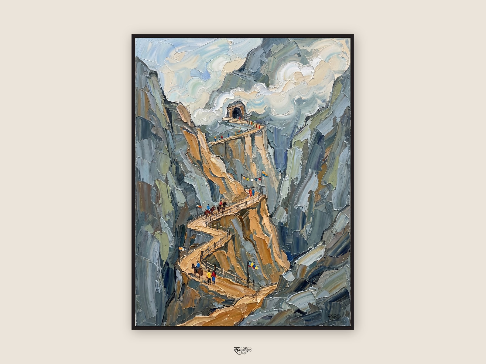 Vaishno Devi, Katra, Jammu & Kashmir &mdash; palette-knife oil on linen by Sandhya Kaushik.