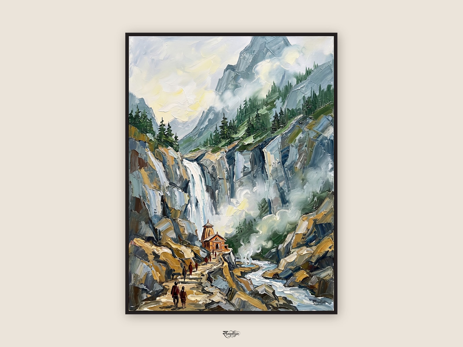 Yamunotri Temple, Uttarkashi, Uttarakhand &mdash; palette-knife oil on linen by Sandhya Kaushik.