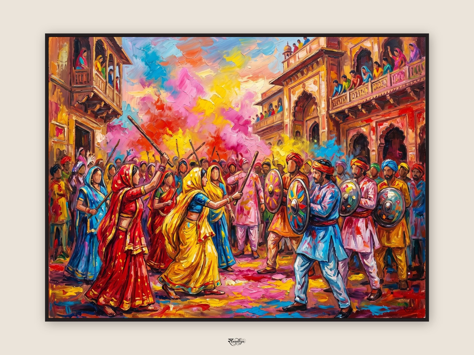 Barsana Lathmar Holi, Barsana, Uttar Pradesh &mdash; palette-knife oil on linen by Sandhya Kaushik.