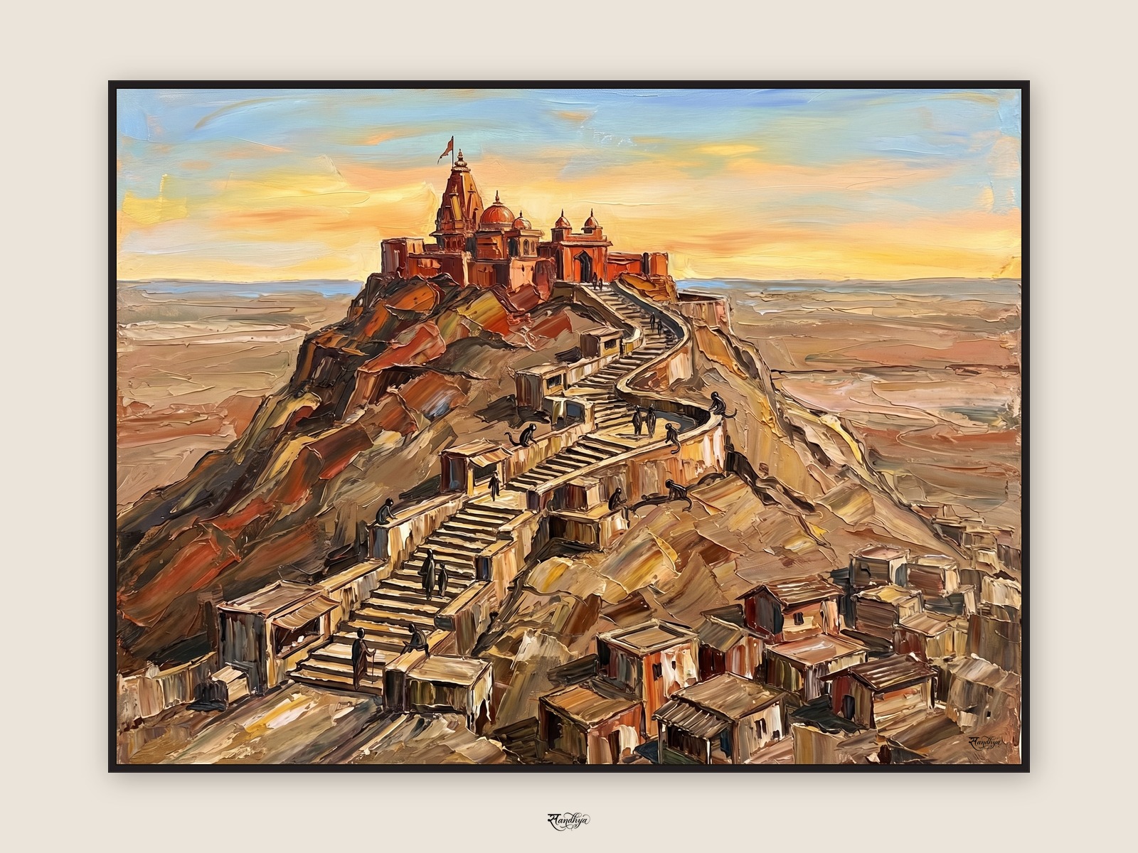 Radha Rani Temple at Barsana — palette-knife oil on linen by Sandhya Kaushik.
