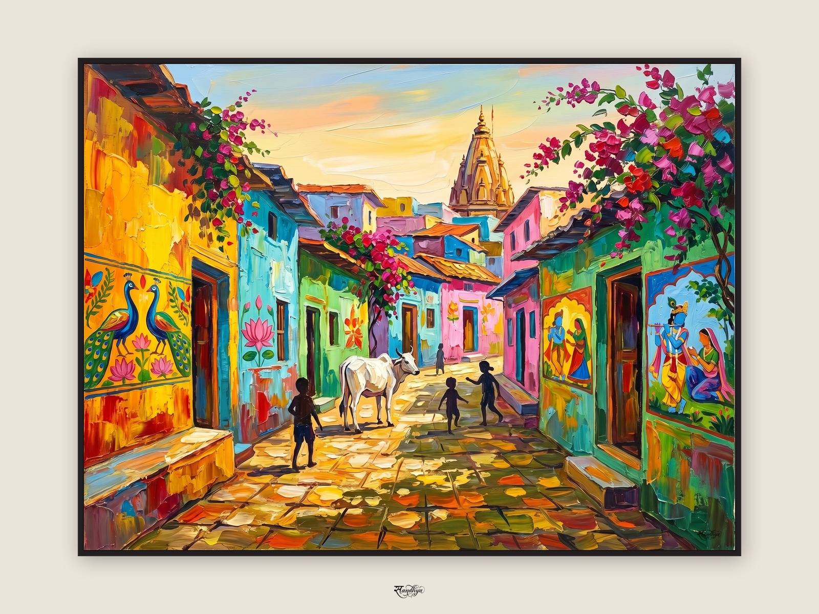 Barsana Rangili Gali, Barsana, Uttar Pradesh &mdash; palette-knife oil on linen by Sandhya Kaushik.