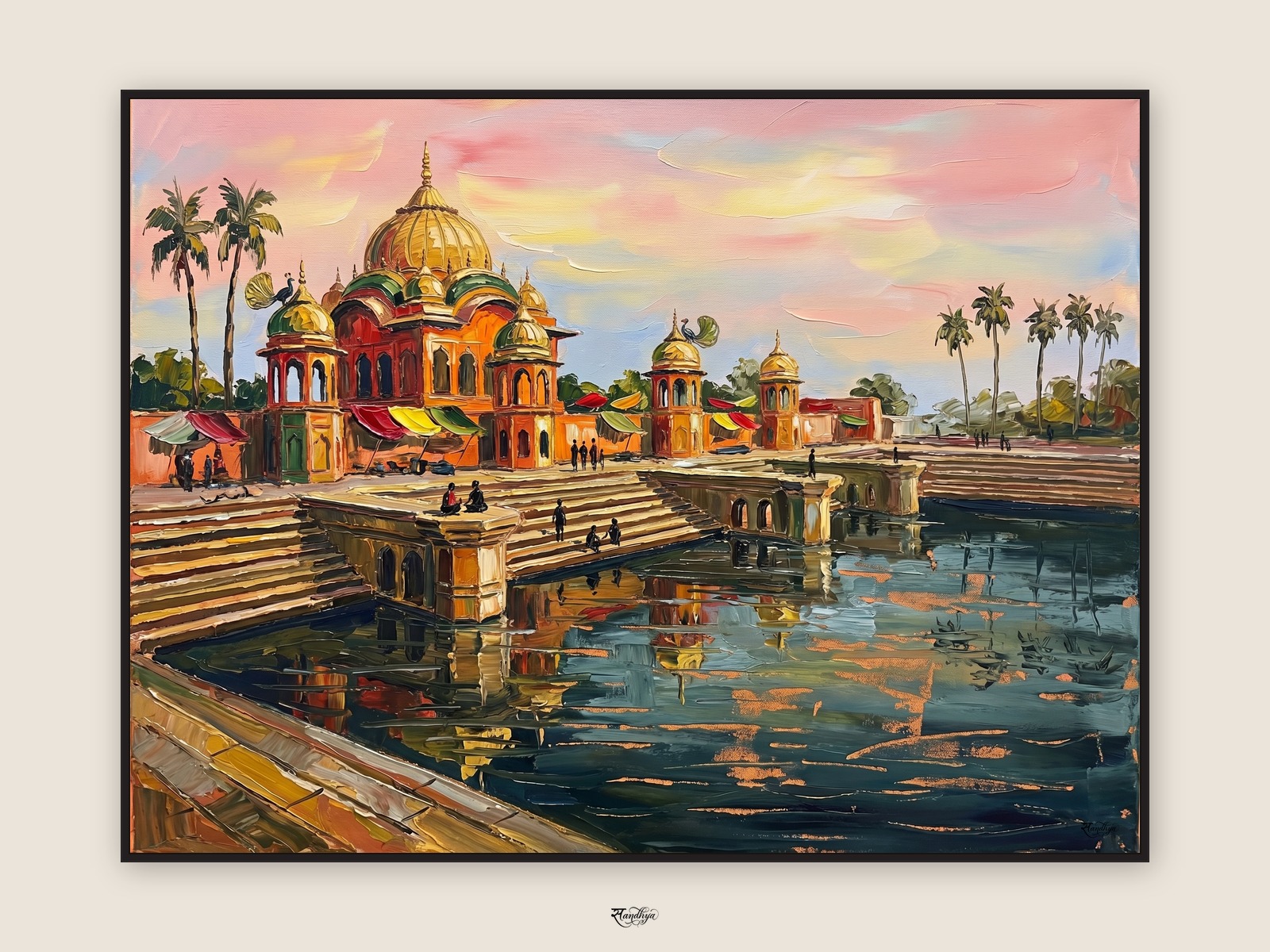 Govardhan Kusum Sarovar, Govardhan, Uttar Pradesh &mdash; palette-knife oil on linen by Sandhya Kaushik.