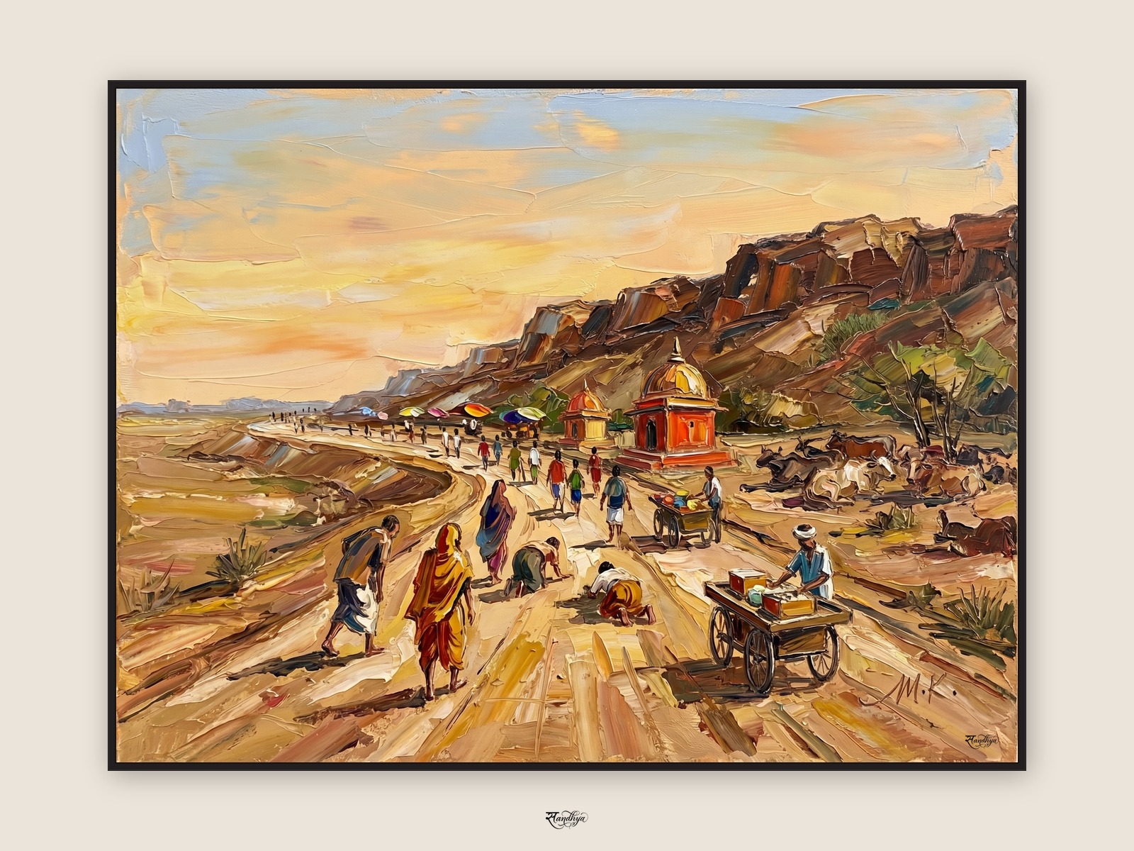 The Govardhan parikrama path in late afternoon — palette-knife oil on linen by Sandhya Kaushik.