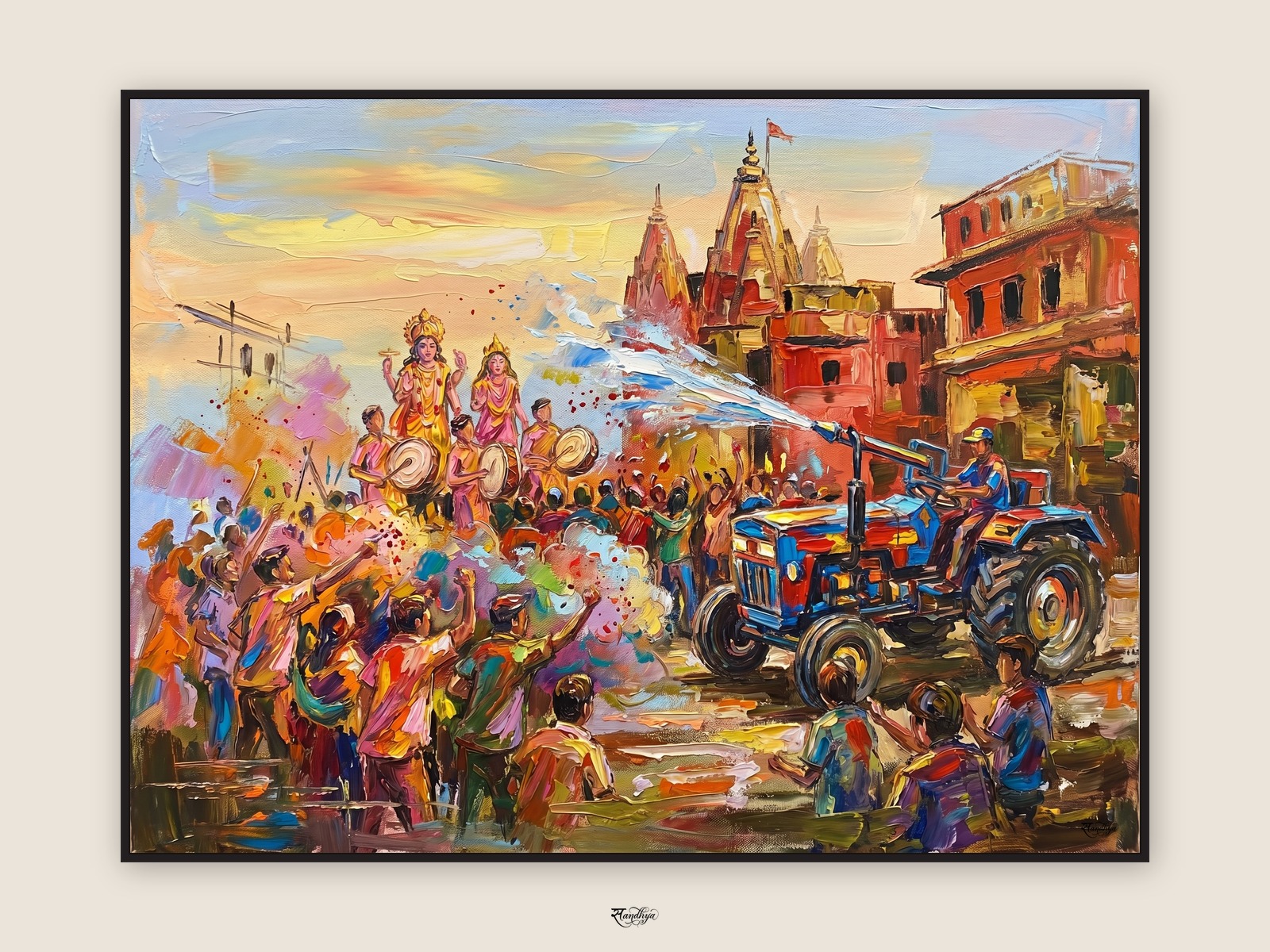 Mathura Holi Celebration, Mathura, Uttar Pradesh &mdash; palette-knife oil on linen by Sandhya Kaushik.