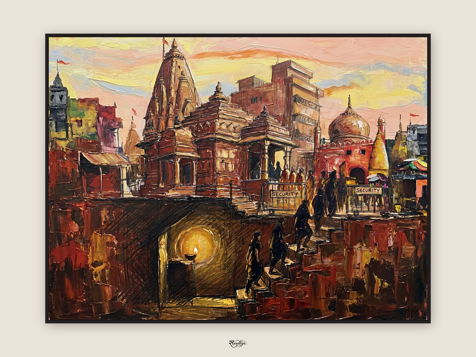Mathura Krishna Janmabhoomi, Mathura, Uttar Pradesh &mdash; palette-knife oil on linen by Sandhya Kaushik.