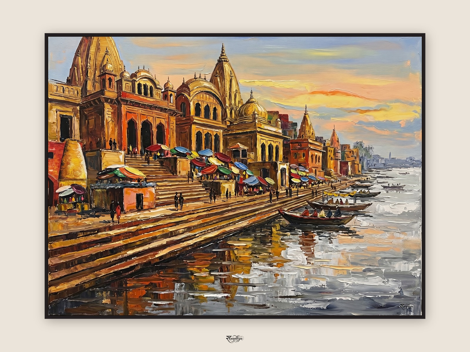 Mathura Vishram Ghat Aarti, Mathura, Uttar Pradesh &mdash; palette-knife oil on linen by Sandhya Kaushik.