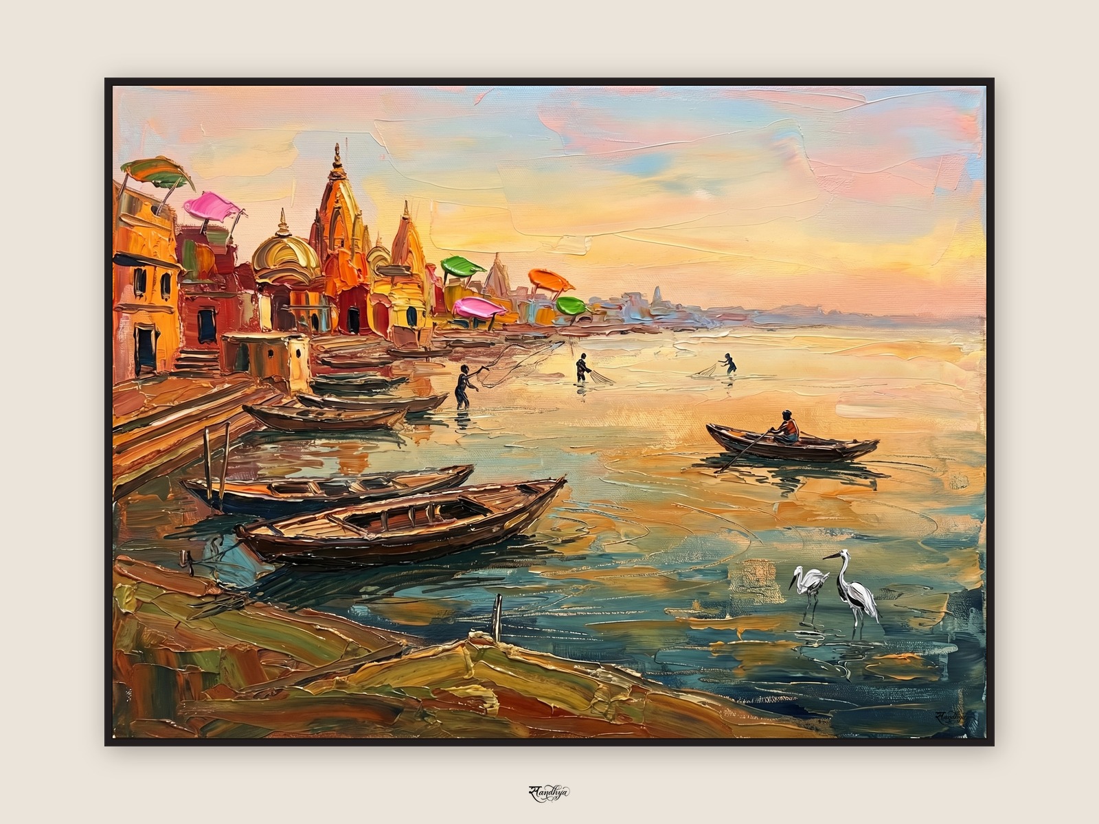 Mathura Yamuna Boats Dawn, Mathura, Uttar Pradesh &mdash; palette-knife oil on linen by Sandhya Kaushik.