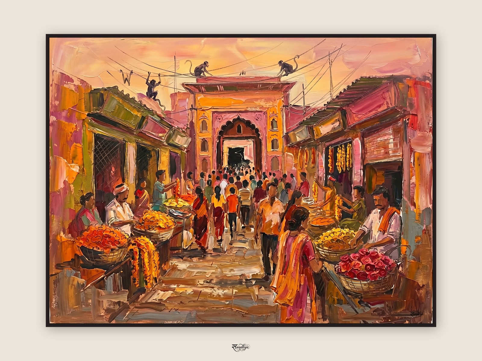 Vrindavan Banke Bihari, Vrindavan, Uttar Pradesh &mdash; palette-knife oil on linen by Sandhya Kaushik.