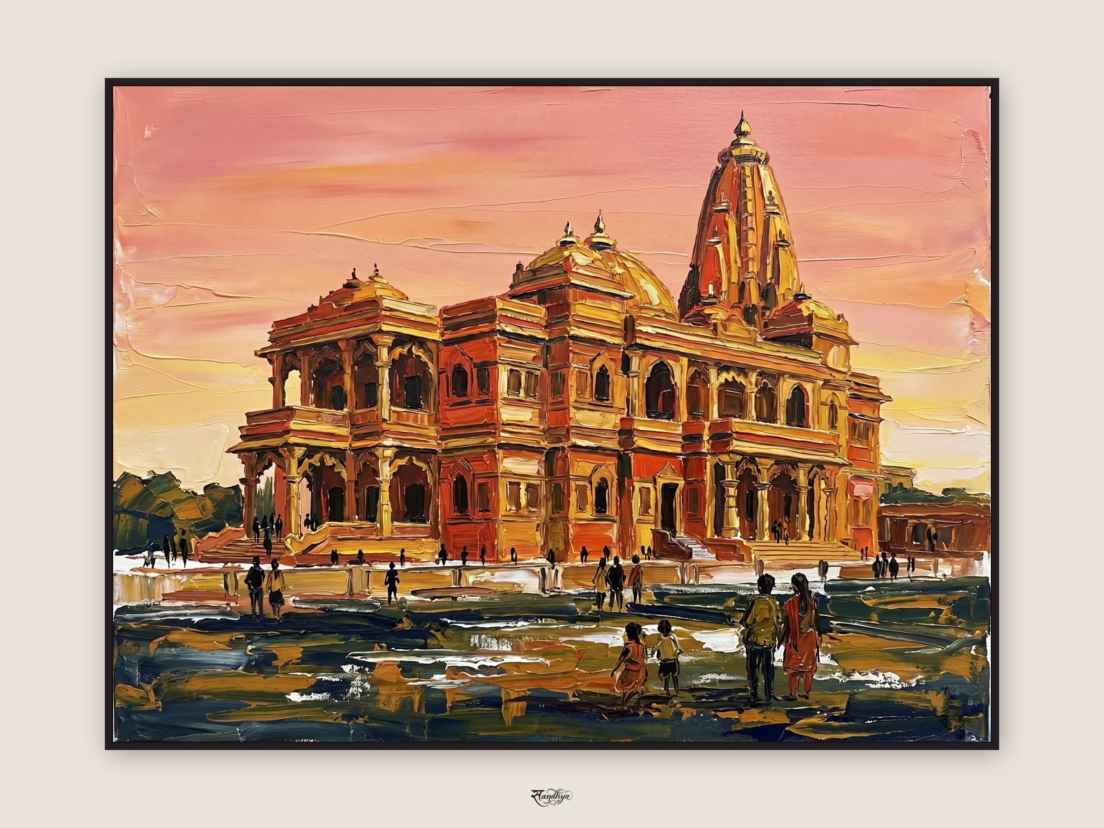 Prem Mandir at night, Vrindavan — palette-knife oil on linen by Sandhya Kaushik.