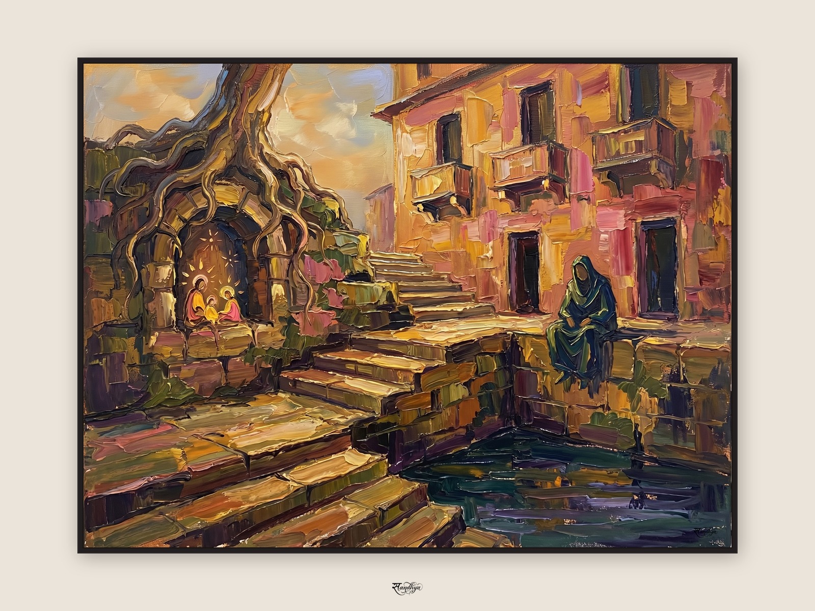 Vrindavan Radha Rani Steps, Vrindavan, Uttar Pradesh &mdash; palette-knife oil on linen by Sandhya Kaushik.