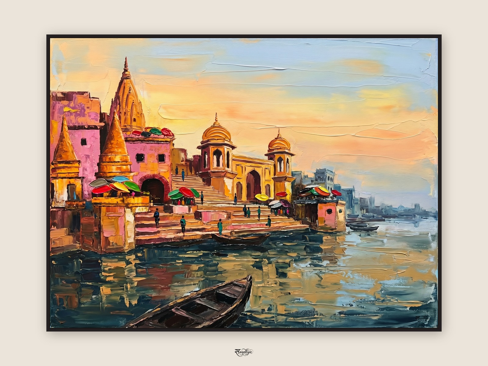 Vrindavan Yamuna Sunset, Vrindavan, Uttar Pradesh &mdash; palette-knife oil on linen by Sandhya Kaushik.