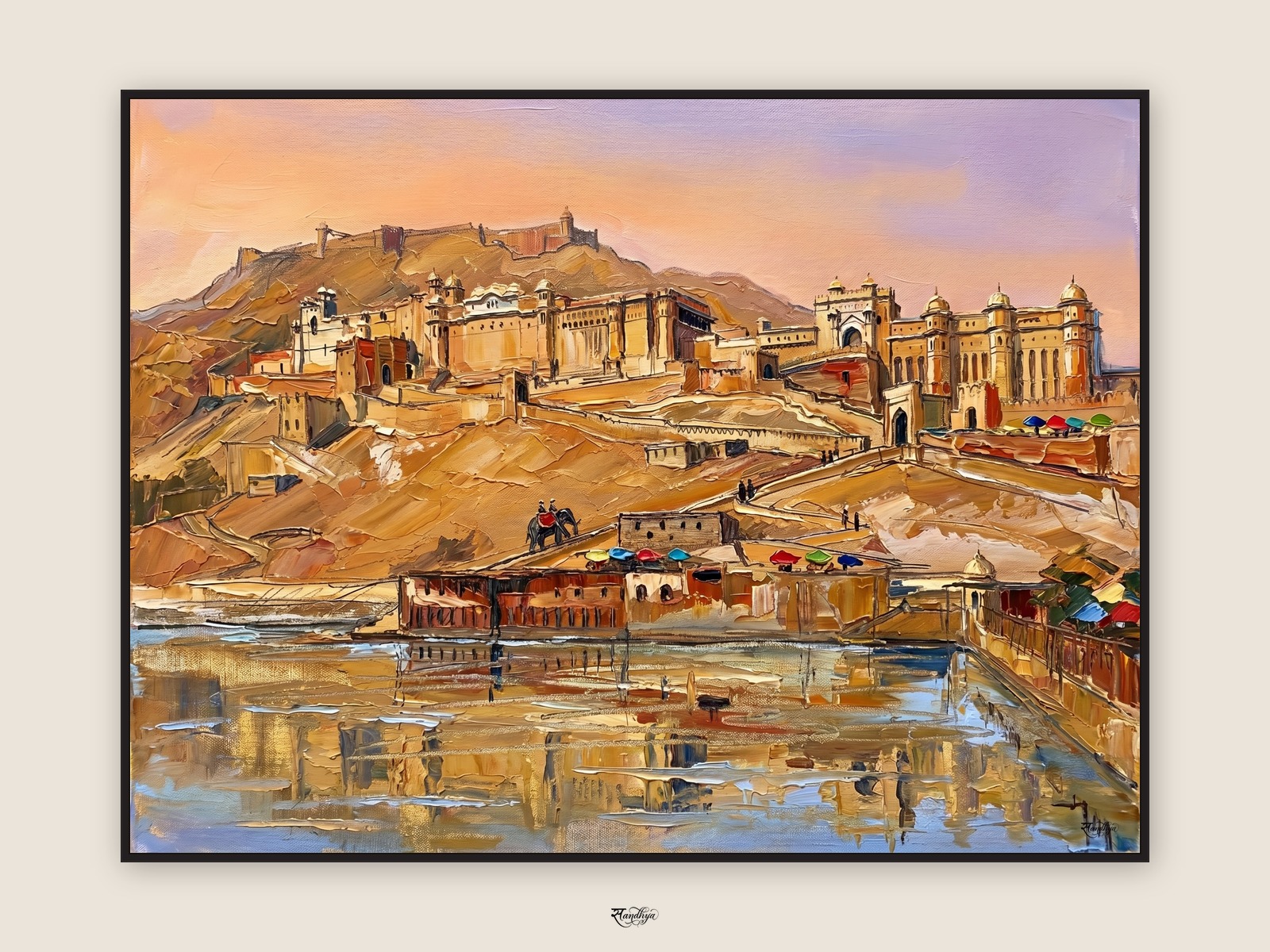 Amber Fort at golden hour, Jaipur — palette-knife oil on linen by Sandhya Kaushik.