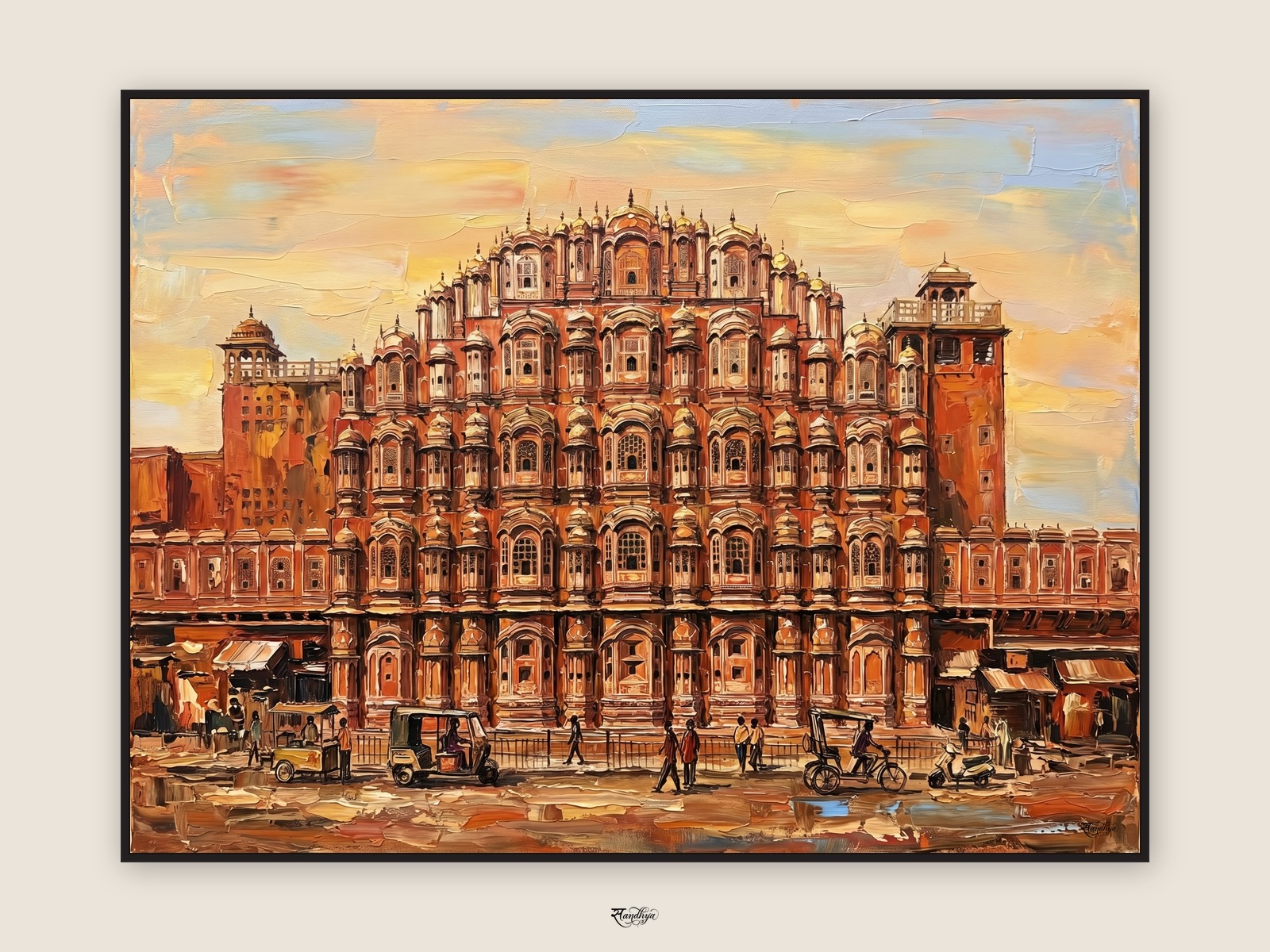 Hawa Mahal at the morning hour, Jaipur — palette-knife oil on linen by Sandhya Kaushik.