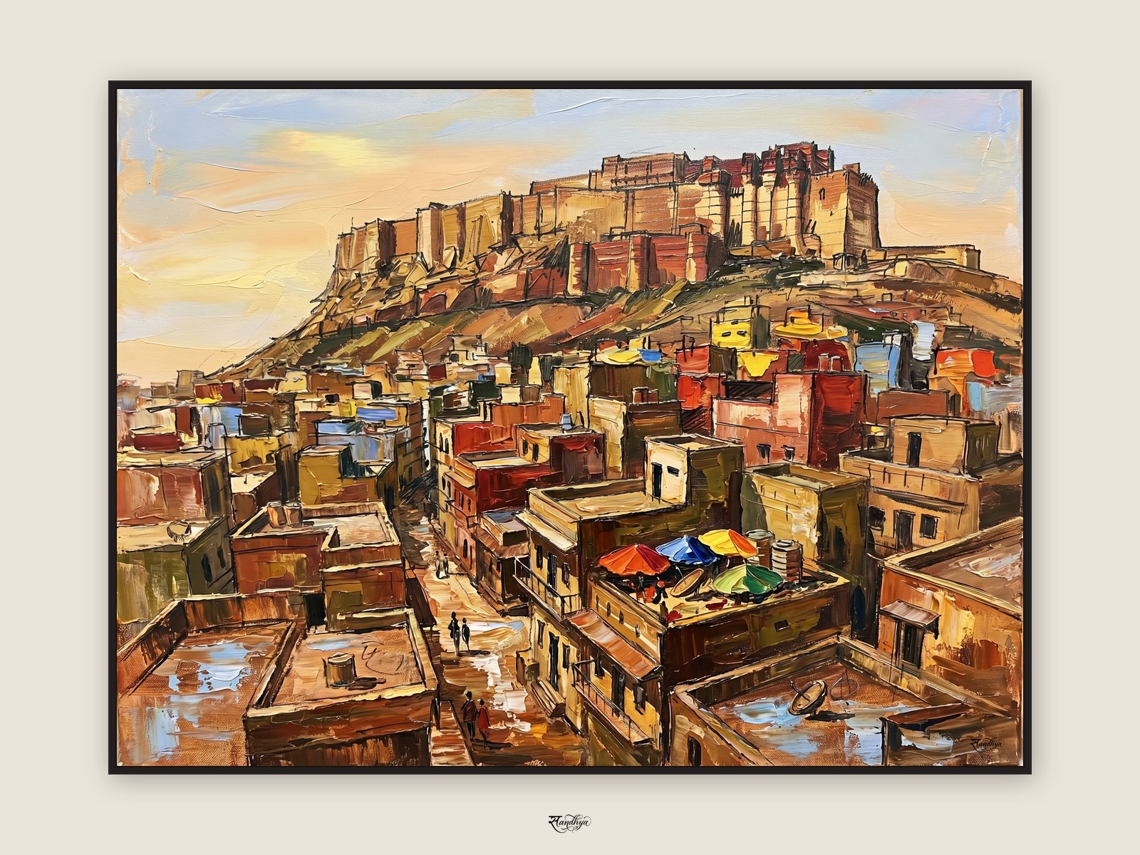 Jodhpur Blue City, Jodhpur, Rajasthan &mdash; palette-knife oil on linen by Sandhya Kaushik.