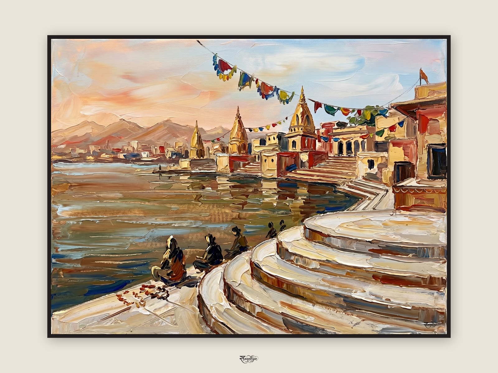Pushkar Lake, Pushkar, Rajasthan &mdash; palette-knife oil on linen by Sandhya Kaushik.