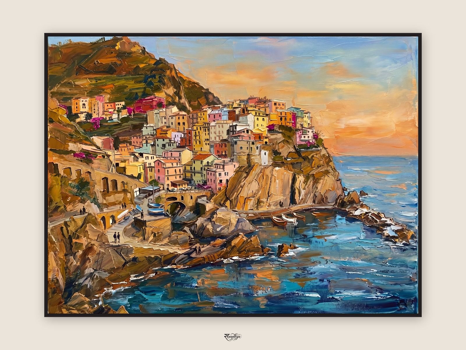 Cinque Terre, Cinque Terre, Italy &mdash; palette-knife oil on linen by Sandhya Kaushik.